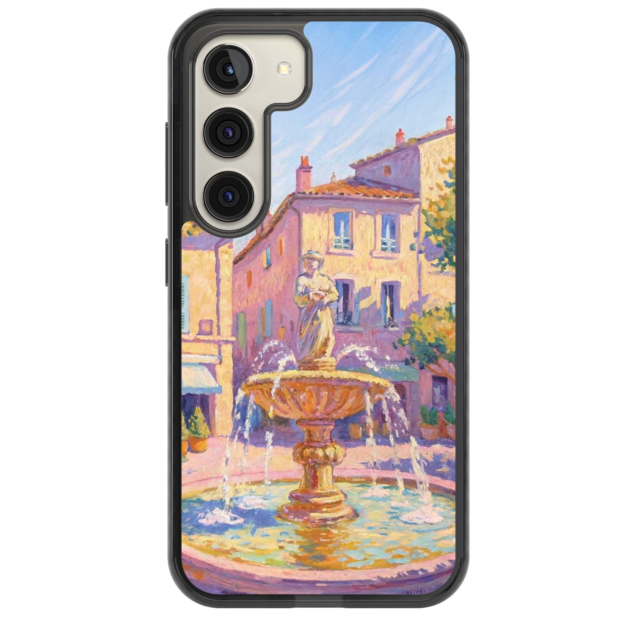 Fountain Square fine art iPhone case featuring an impressionist Provençal fountain, pastel village buildings and summe | Black Impact case for Samsung Galaxy S24, Samsung Galaxy S23, Samsung Galaxy S22