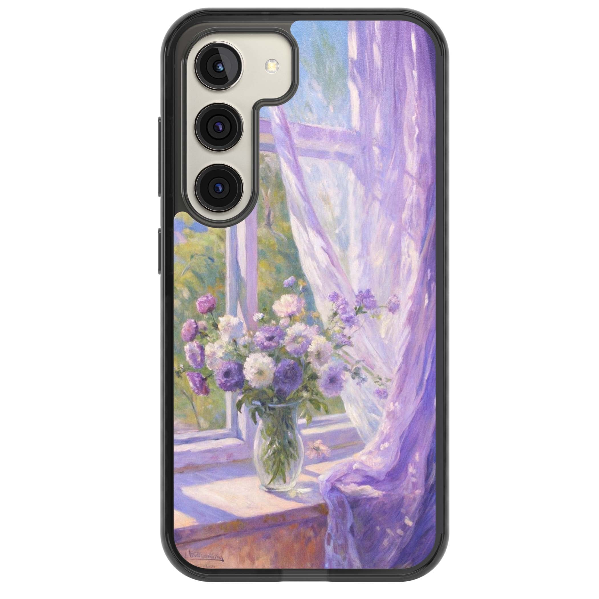 A Provence Morning impressionist art iPhone case featuring a vase of purple flowers, sunlit window and sheer curt | Black Impact case for Samsung Galaxy S24, Samsung Galaxy S23, Samsung Galaxy S22
