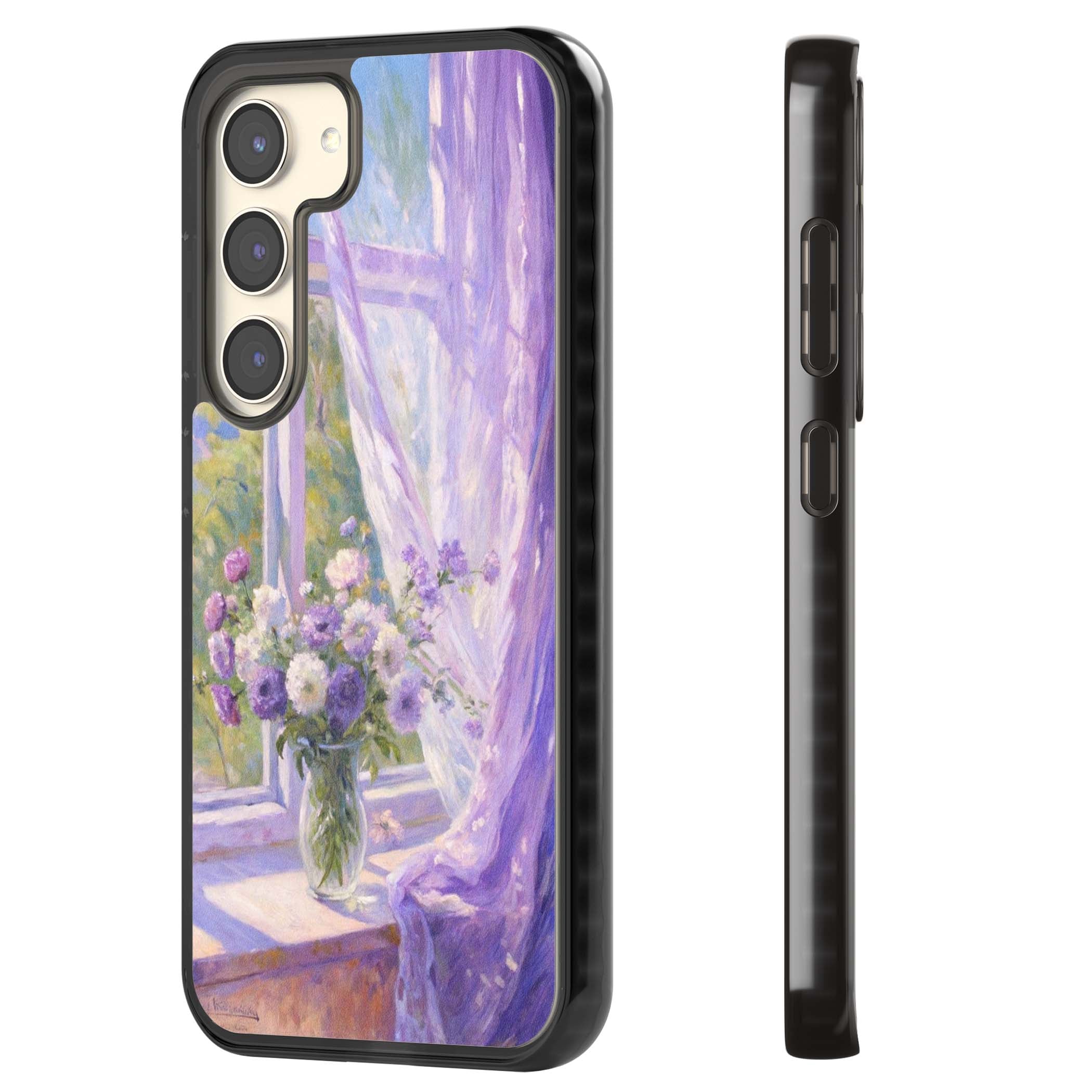 A Provence Morning impressionist art iPhone case featuring a vase of purple flowers, sunlit window and sheer curt | Black Impact case for Samsung Galaxy S24, Samsung Galaxy S23, Samsung Galaxy S22