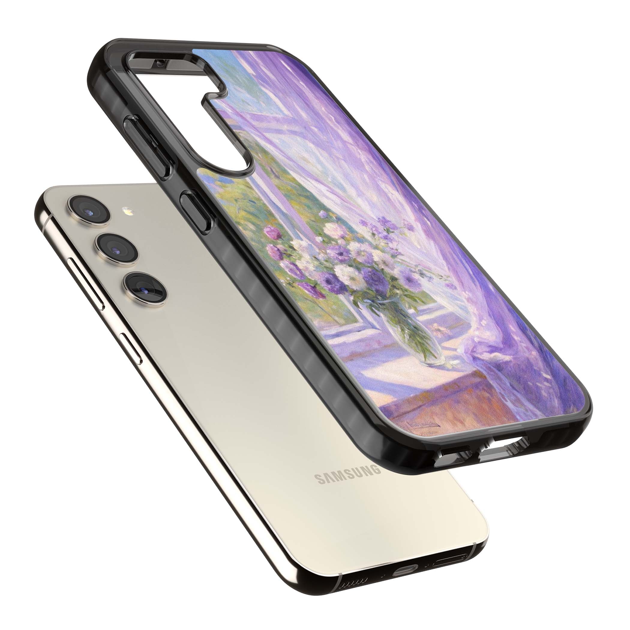 A Provence Morning impressionist art iPhone case featuring a vase of purple flowers, sunlit window and sheer curt | Black Impact case for Samsung Galaxy S24, Samsung Galaxy S23, Samsung Galaxy S22
