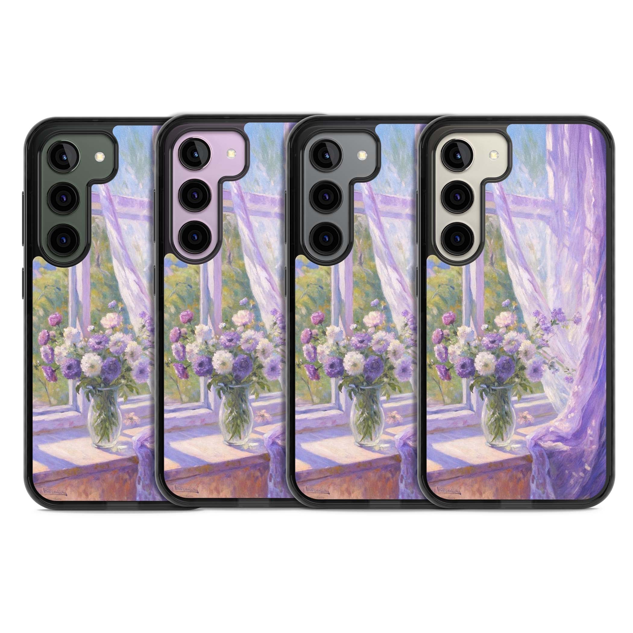 A Provence Morning impressionist art iPhone case featuring a vase of purple flowers, sunlit window and sheer curt | Black Impact case for Samsung Galaxy S24, Samsung Galaxy S23, Samsung Galaxy S22