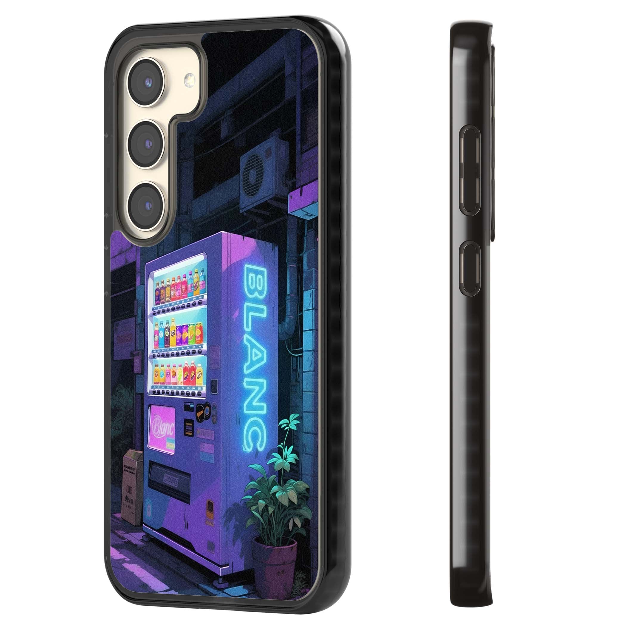 Shibuya Glow Japanese iPhone case featuring a glowing Tokyo vending machine, neon signage, and moody purple alleyway | Black Impact case for Samsung Galaxy S24, Samsung Galaxy S23, Samsung Galaxy S22