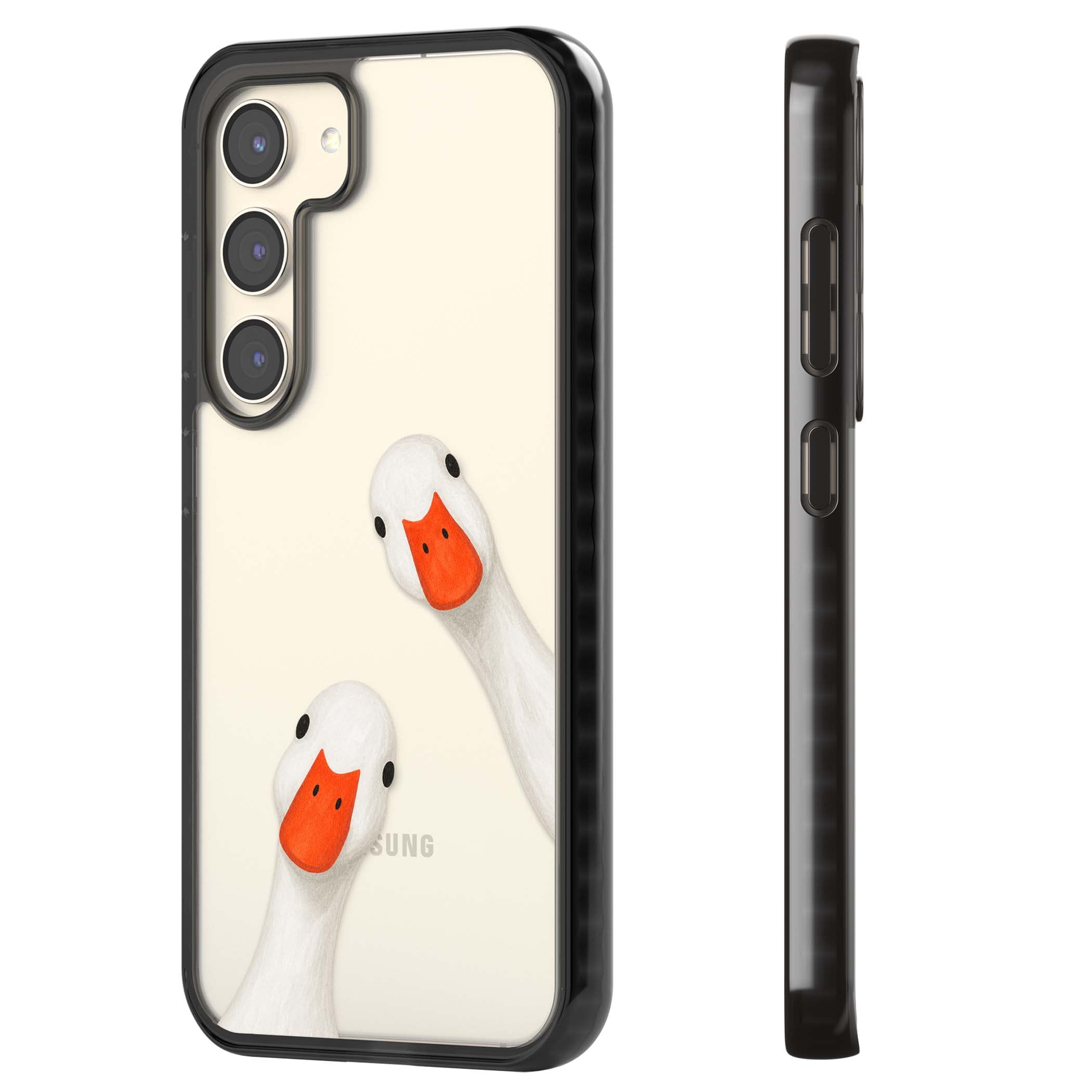 Nosy Ducks cottagecore iPhone case featuring two peeking white ducks with orange beaks on a clear background | Black Impact case for Samsung Galaxy S24, Samsung Galaxy S23, Samsung Galaxy S22