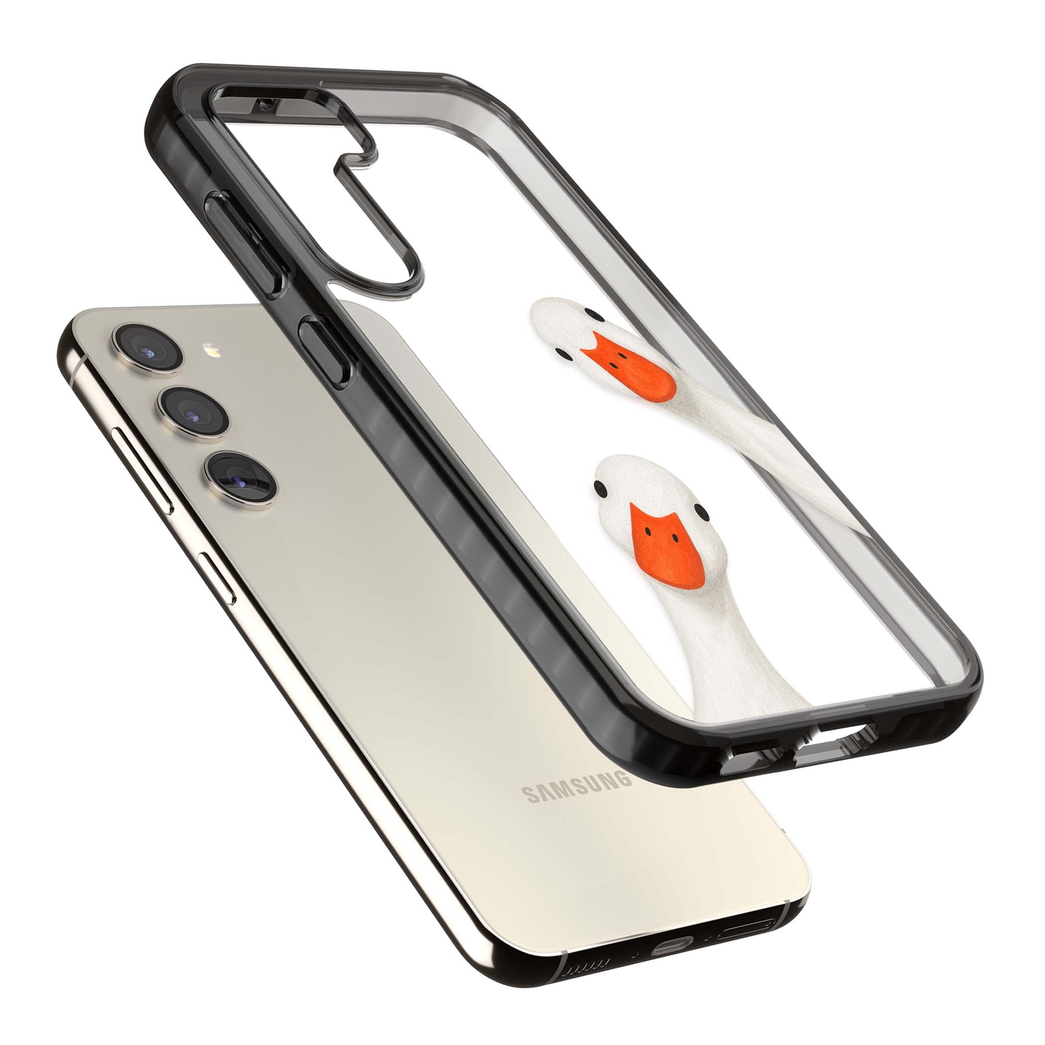 Nosy Ducks cottagecore iPhone case featuring two peeking white ducks with orange beaks on a clear background | Black Impact case for Samsung Galaxy S24, Samsung Galaxy S23, Samsung Galaxy S22