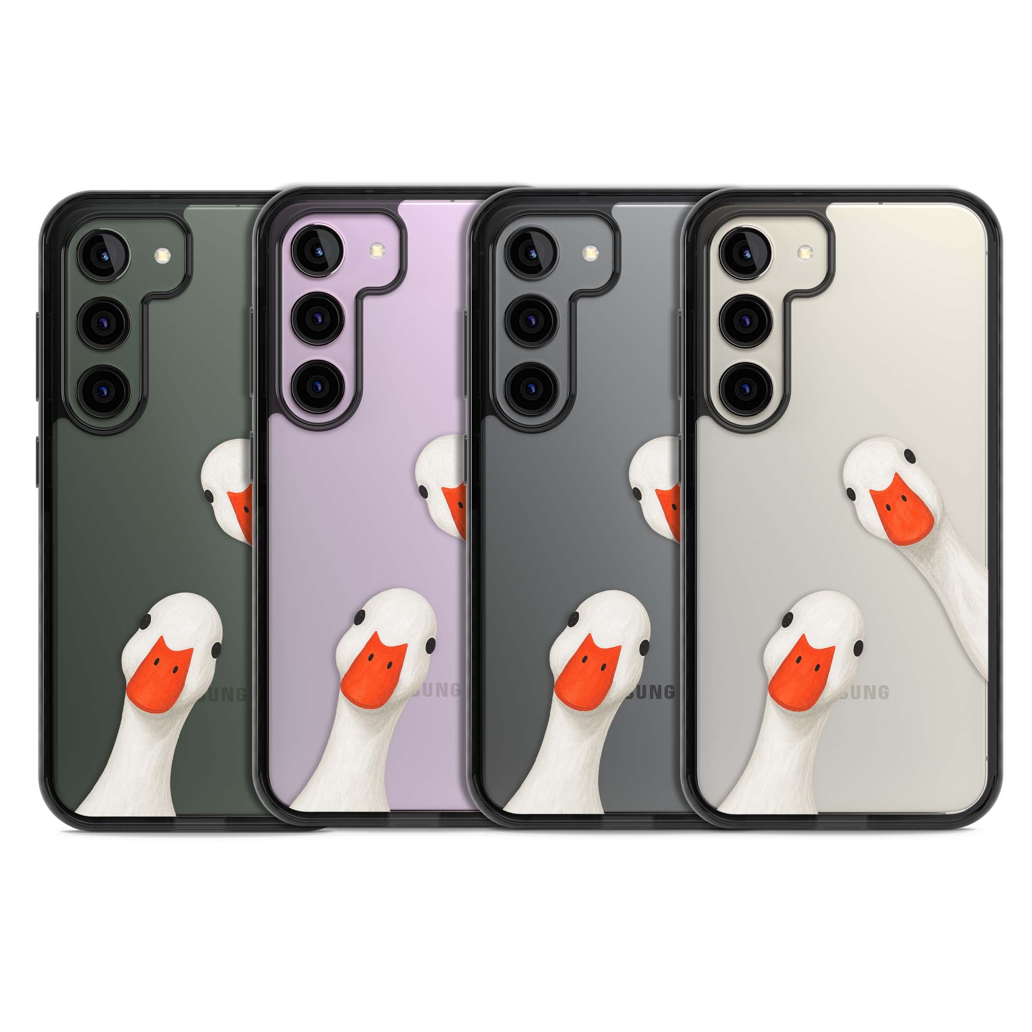 Nosy Ducks cottagecore iPhone case featuring two peeking white ducks with orange beaks on a clear background | Black Impact case for Samsung Galaxy S24, Samsung Galaxy S23, Samsung Galaxy S22