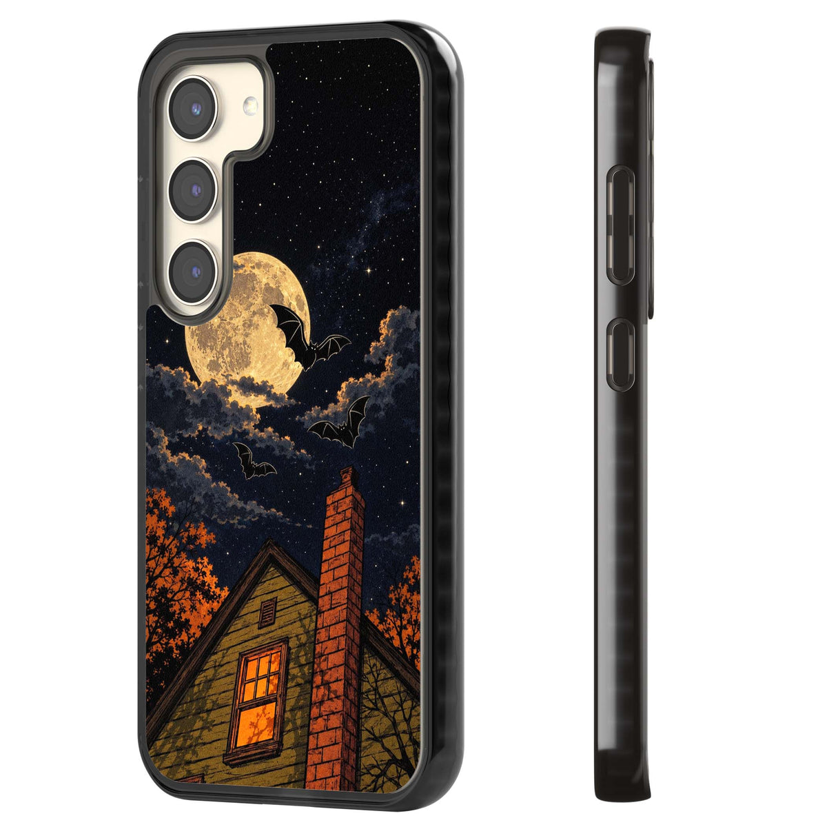 Hollows Eve Halloween iPhone case featuring a haunted house, full moon and flying bats against a starry autumn sky | Black Impact case for Samsung Galaxy S24, Samsung Galaxy S23, Samsung Galaxy S22