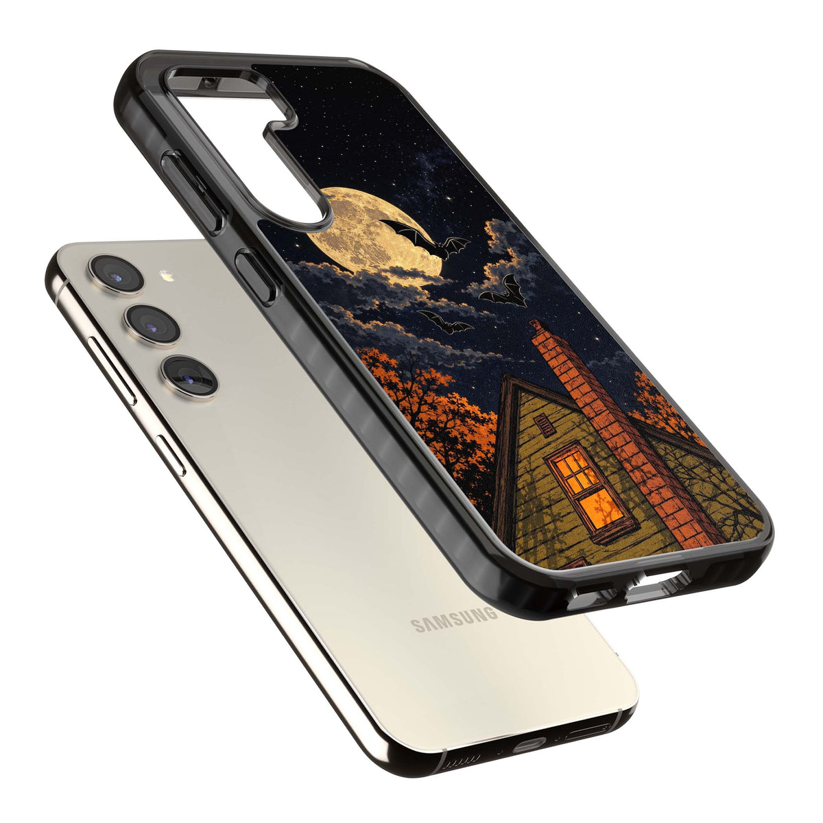 Hollows Eve Halloween iPhone case featuring a haunted house, full moon and flying bats against a starry autumn sky | Black Impact case for Samsung Galaxy S24, Samsung Galaxy S23, Samsung Galaxy S22