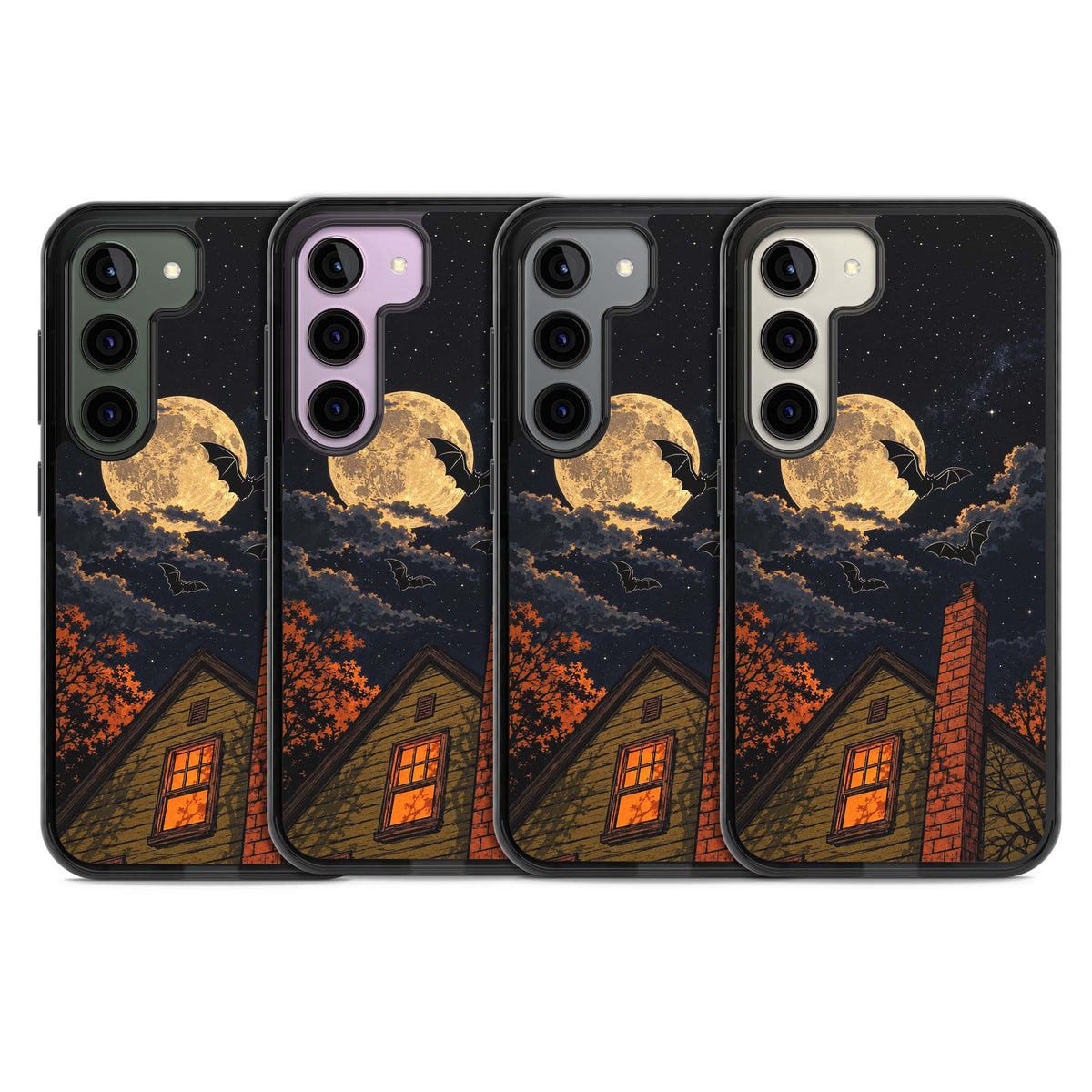 Hollows Eve Halloween iPhone case featuring a haunted house, full moon and flying bats against a starry autumn sky | Black Impact case for Samsung Galaxy S24, Samsung Galaxy S23, Samsung Galaxy S22