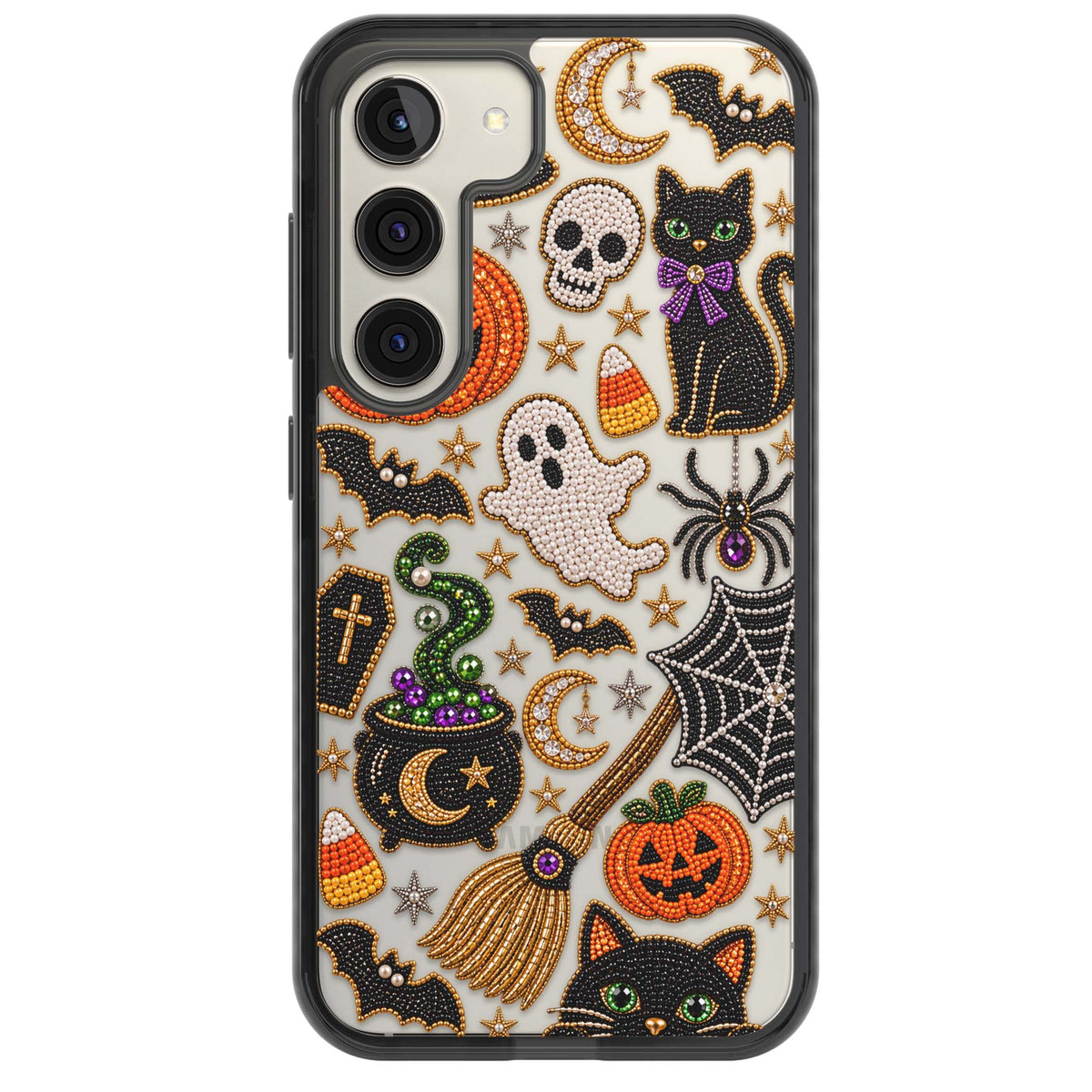 Beaded Halloween Halloween iPhone case featuring beaded pumpkins, ghosts, black cats and bats | Black Impact case for Samsung Galaxy S24, Samsung Galaxy S23, Samsung Galaxy S22