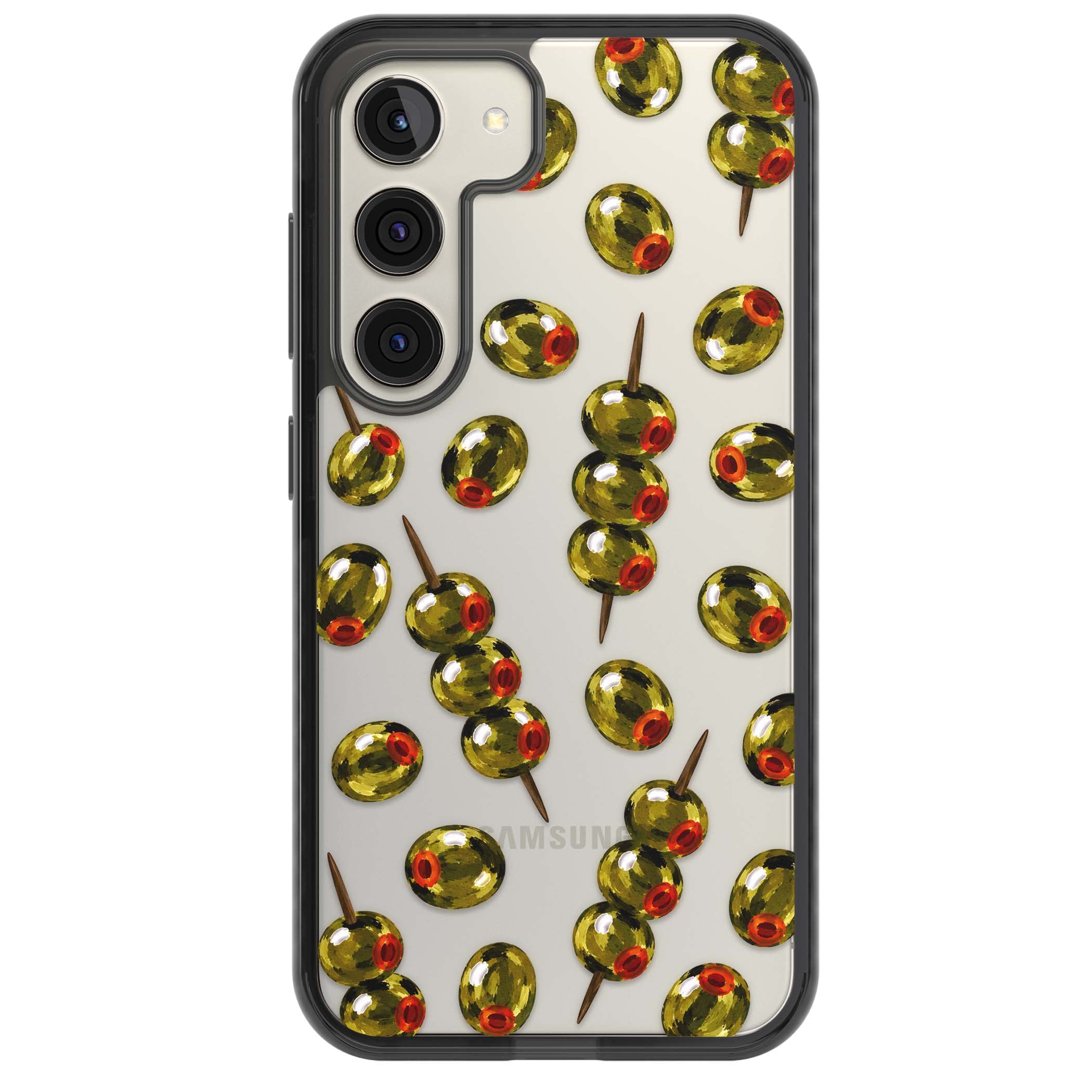 Painted Olives cocktail iPhone case featuring green olives, pimento centres and toothpick skewers on a clear background | Black Impact case for Samsung Galaxy S24, Samsung Galaxy S23, Samsung Galaxy S22