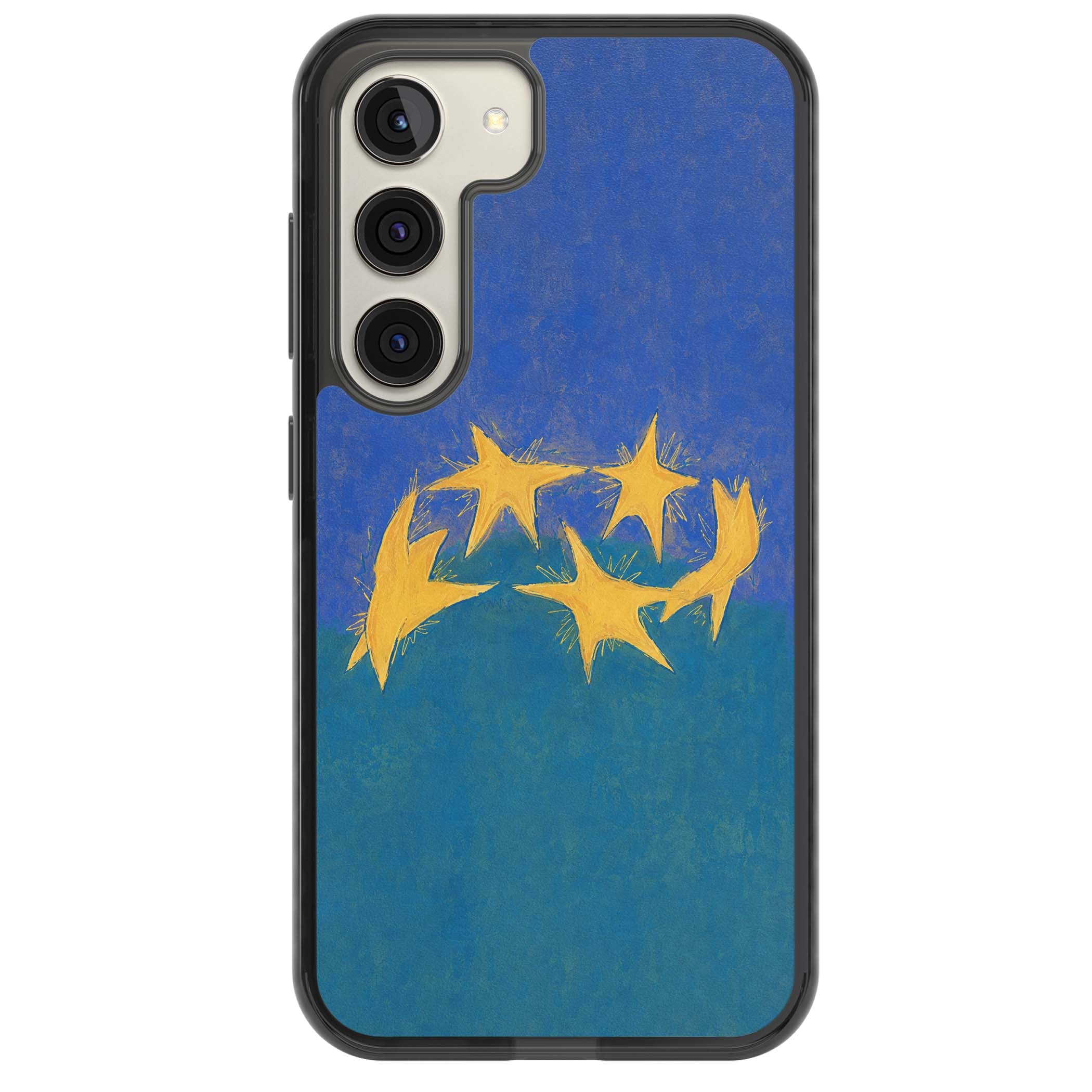 Star Boogie stars aesthetic iPhone case featuring five yellow hand-painted stars on cobalt blue and teal | Black Impact case for Samsung Galaxy S24, Samsung Galaxy S23, Samsung Galaxy S22