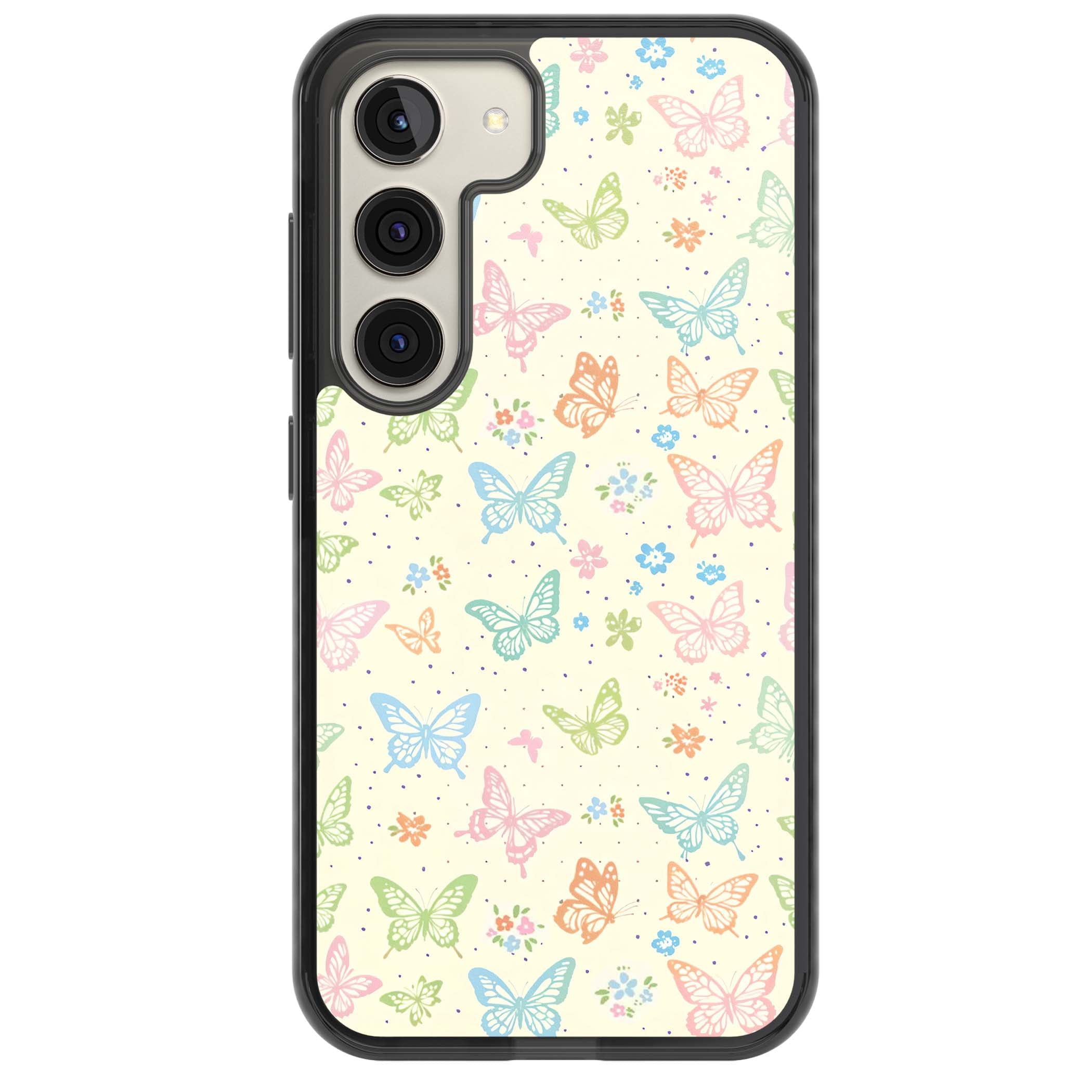 Sugar Wings cottagecore iPhone case featuring rainbow pastel butterflies, tiny wildflowers, and a cream background | Black Impact case for Samsung Galaxy S24, Samsung Galaxy S23, Samsung Galaxy S22