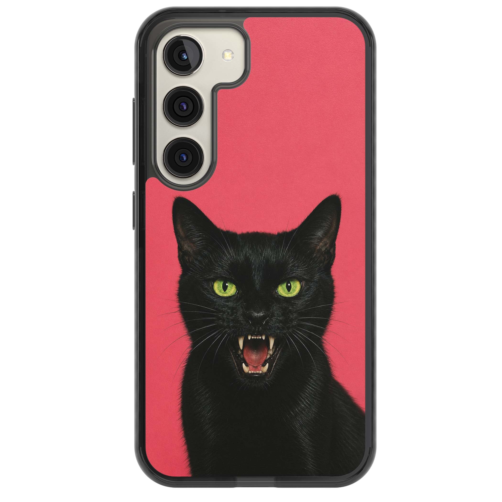 Hissin' Baddie black cat iPhone case featuring a hissing feline with green eyes on a hot pink background | Black Impact case for Samsung Galaxy S24, Samsung Galaxy S23, Samsung Galaxy S22