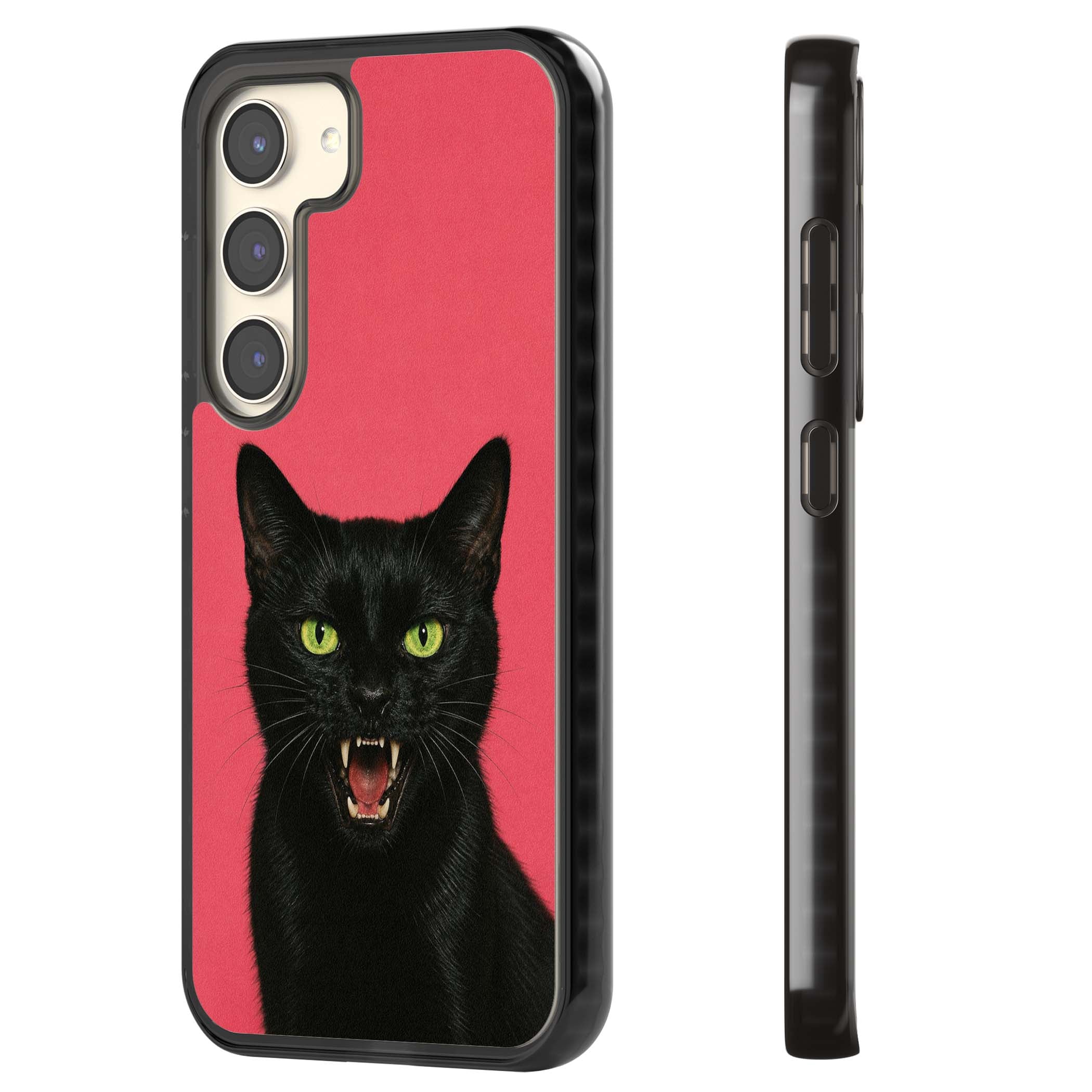 Hissin' Baddie black cat iPhone case featuring a hissing feline with green eyes on a hot pink background | Black Impact case for Samsung Galaxy S24, Samsung Galaxy S23, Samsung Galaxy S22