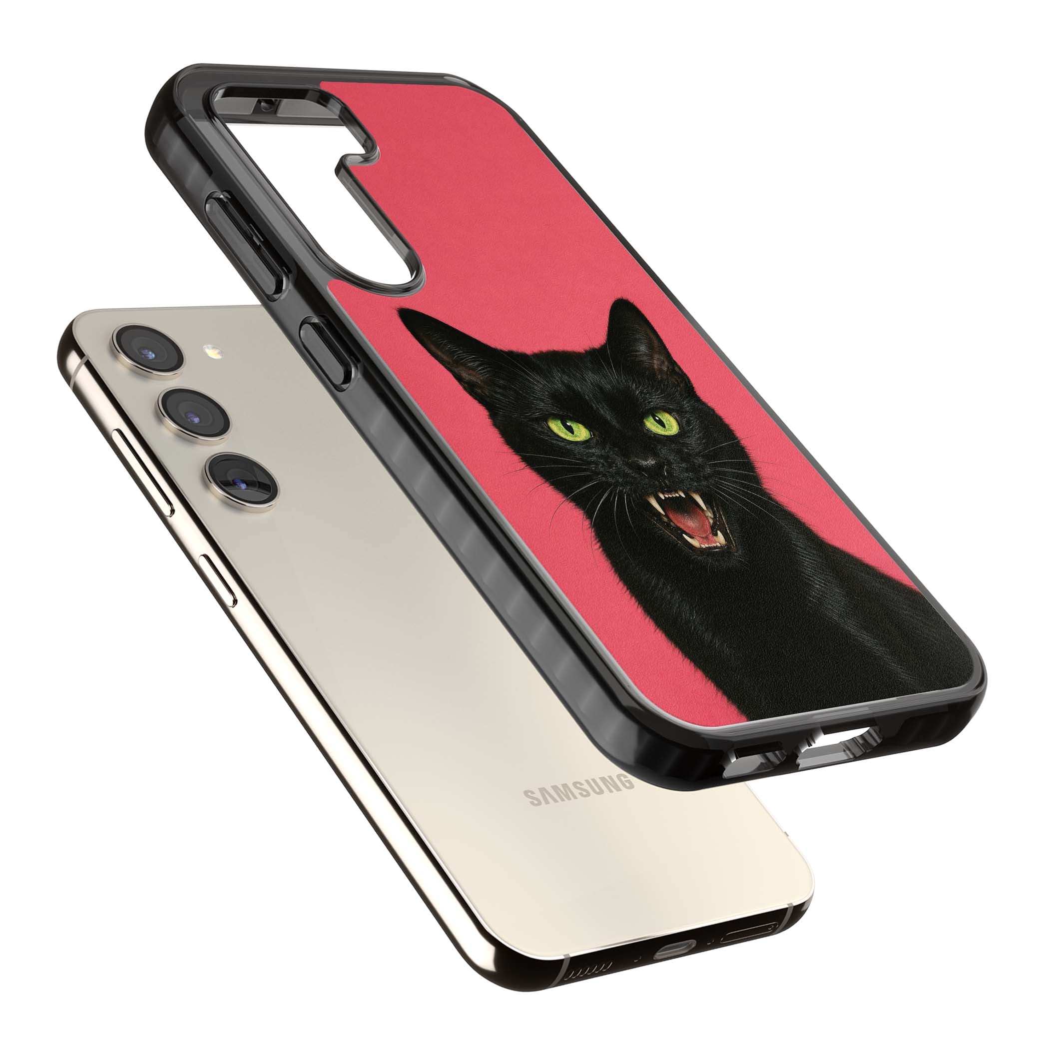 Hissin' Baddie black cat iPhone case featuring a hissing feline with green eyes on a hot pink background | Black Impact case for Samsung Galaxy S24, Samsung Galaxy S23, Samsung Galaxy S22