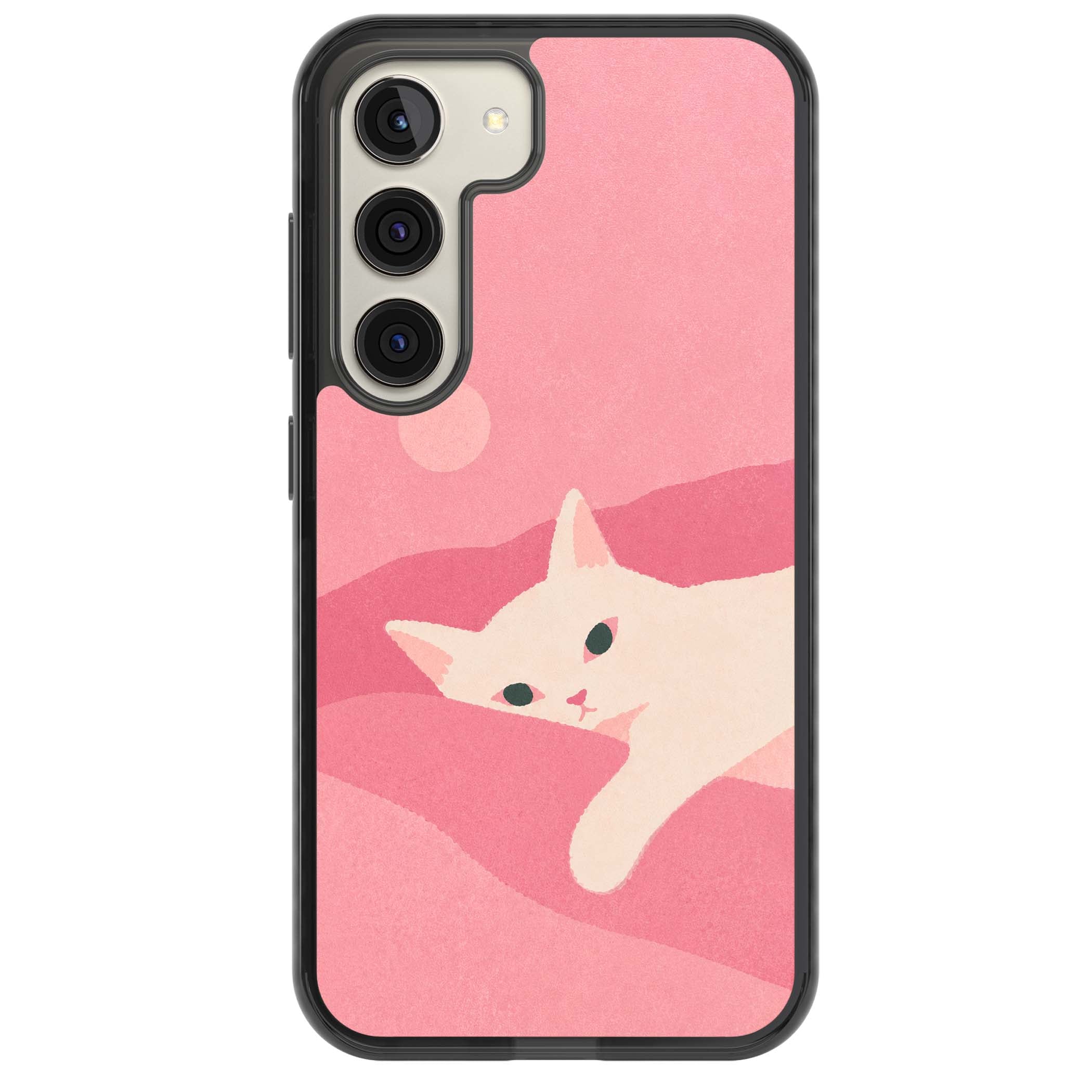 Pink Dreams cute cat iPhone case featuring a white kitten, soft pink hills and a pale pastel sun | Black Impact case for Samsung Galaxy S24, Samsung Galaxy S23, Samsung Galaxy S22