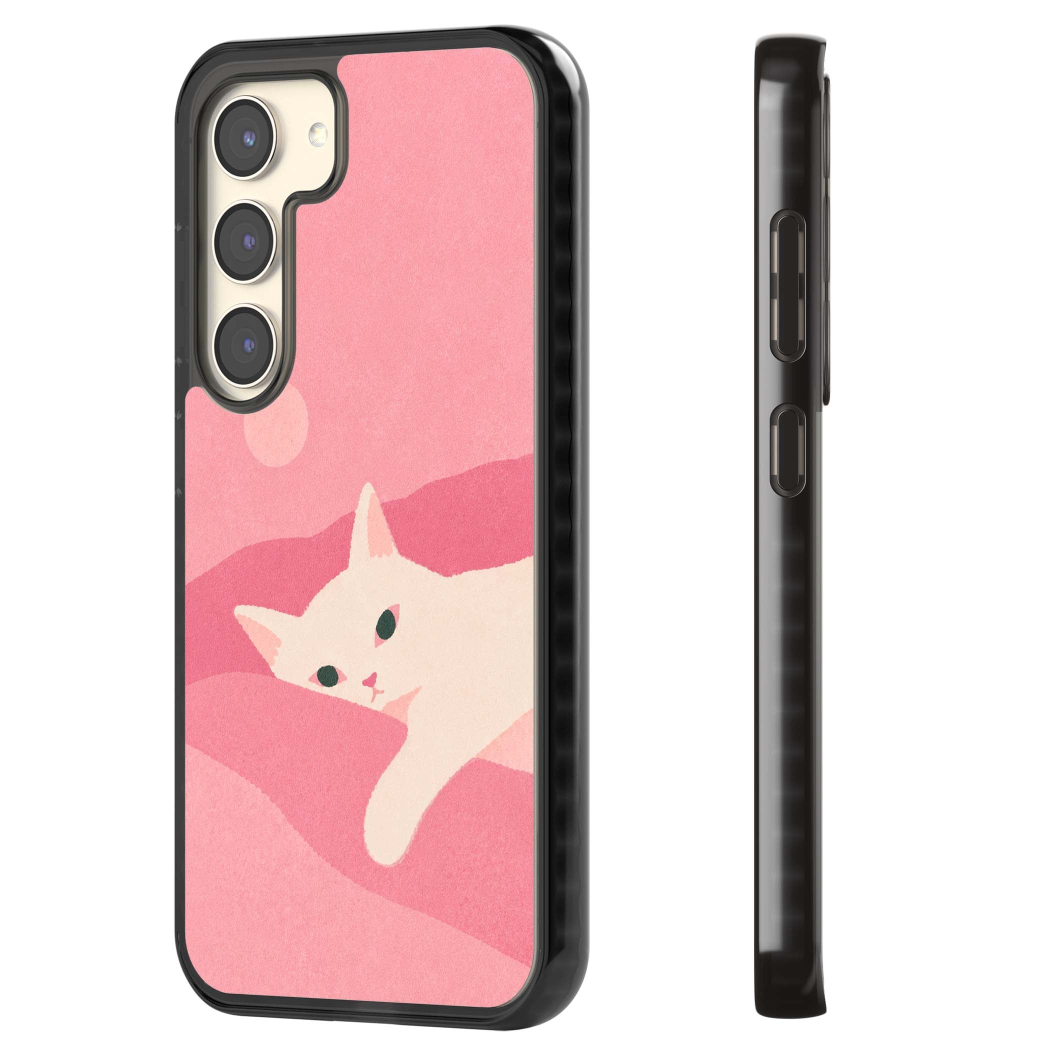 Pink Dreams cute cat iPhone case featuring a white kitten, soft pink hills and a pale pastel sun | Black Impact case for Samsung Galaxy S24, Samsung Galaxy S23, Samsung Galaxy S22