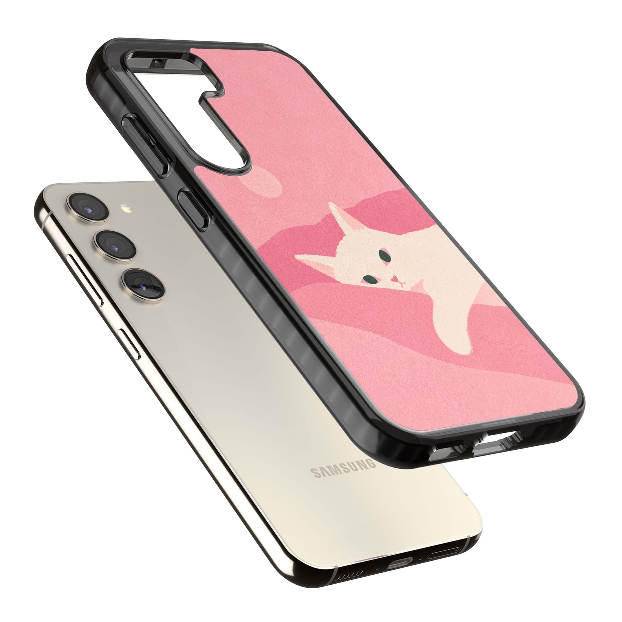 Pink Dreams cute cat iPhone case featuring a white kitten, soft pink hills and a pale pastel sun | Black Impact case for Samsung Galaxy S24, Samsung Galaxy S23, Samsung Galaxy S22