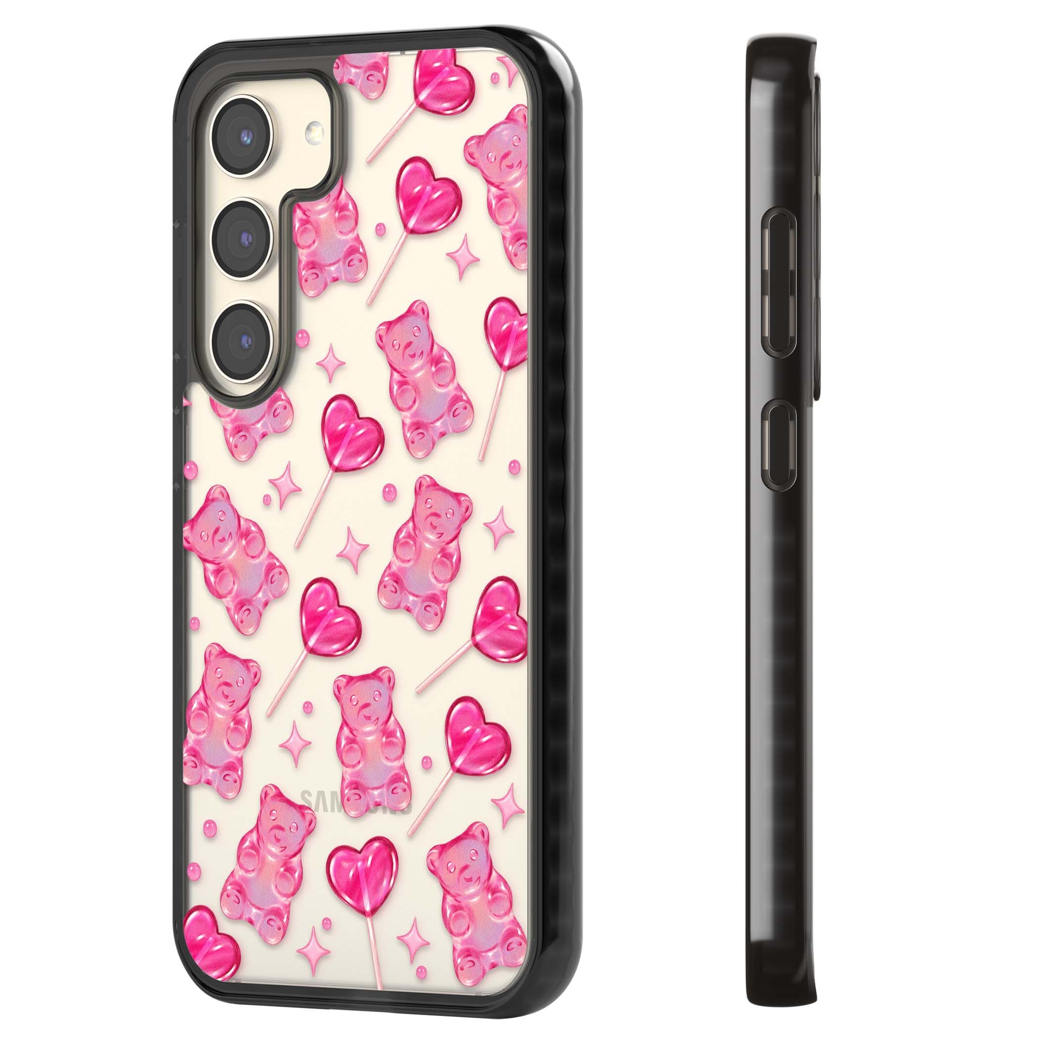 Pink Sugar pinkcore iPhone case featuring pink gummy bears, heart-shaped lollipops and sparkle stars | Black Impact case for Samsung Galaxy S24, Samsung Galaxy S23, Samsung Galaxy S22