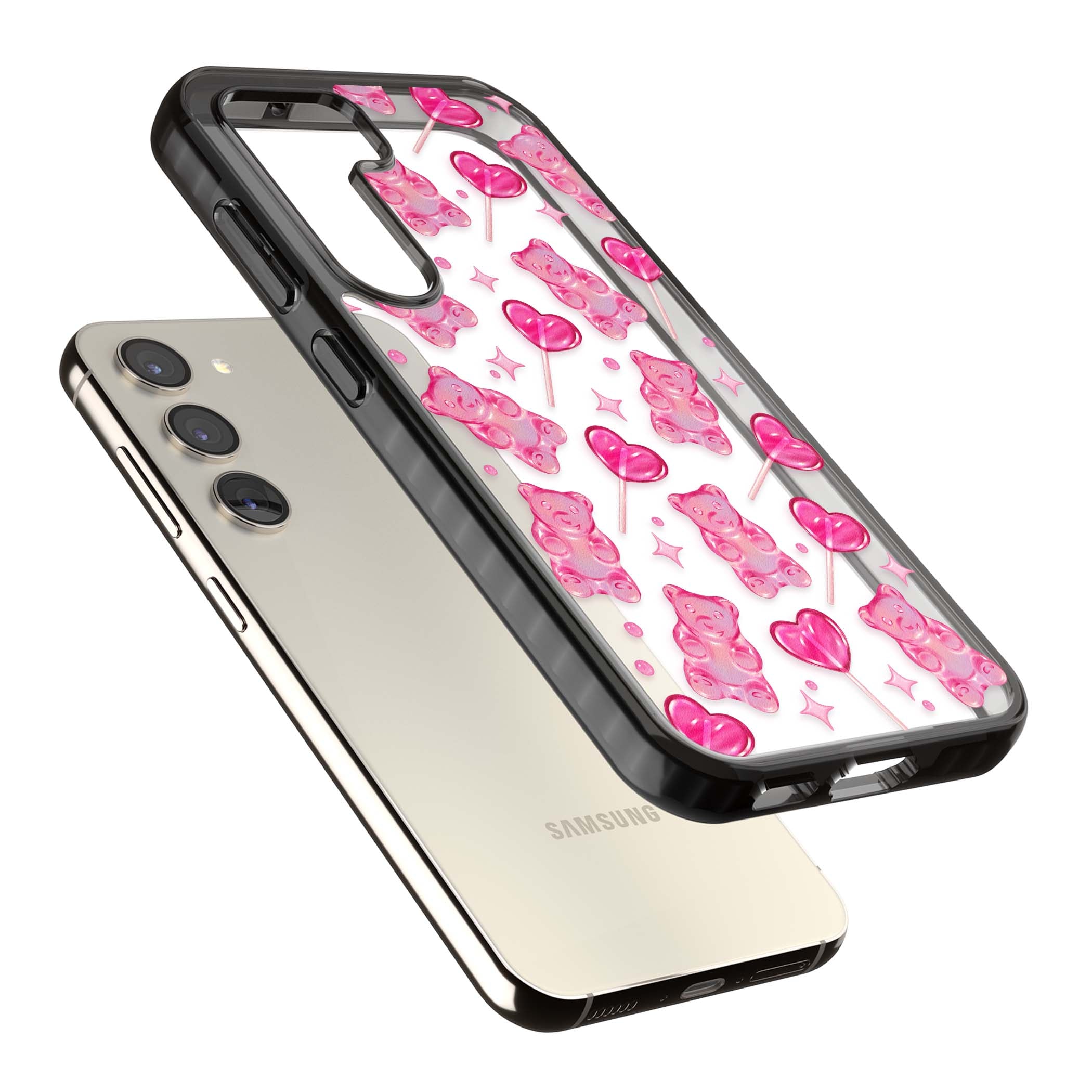 Pink Sugar pinkcore iPhone case featuring pink gummy bears, heart-shaped lollipops and sparkle stars | Black Impact case for Samsung Galaxy S24, Samsung Galaxy S23, Samsung Galaxy S22