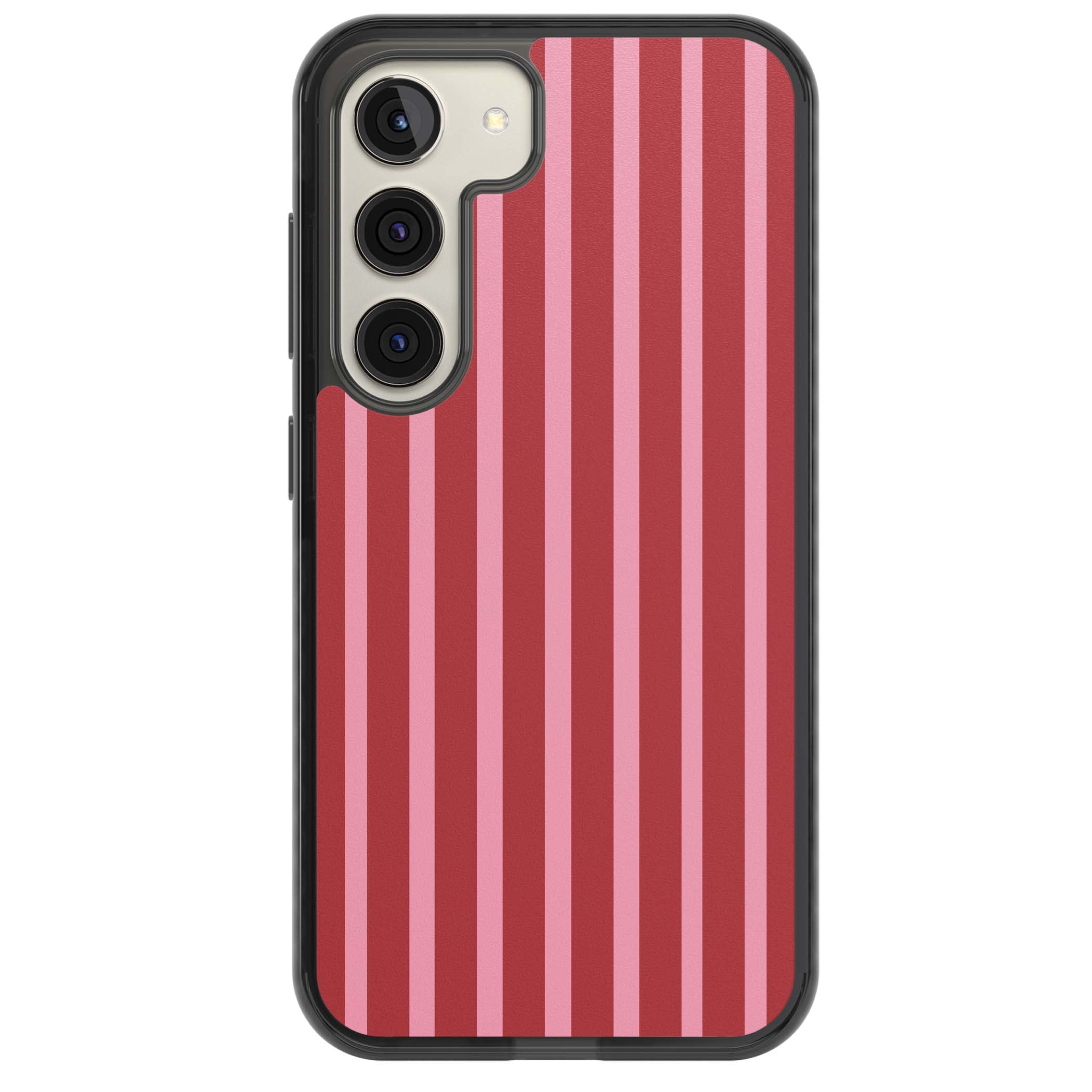 Raspberry Stripe coquette iPhone case featuring red and pink vertical stripes in a candy-inspired pattern | Black Impact case for Samsung Galaxy S24, Samsung Galaxy S23, Samsung Galaxy S22