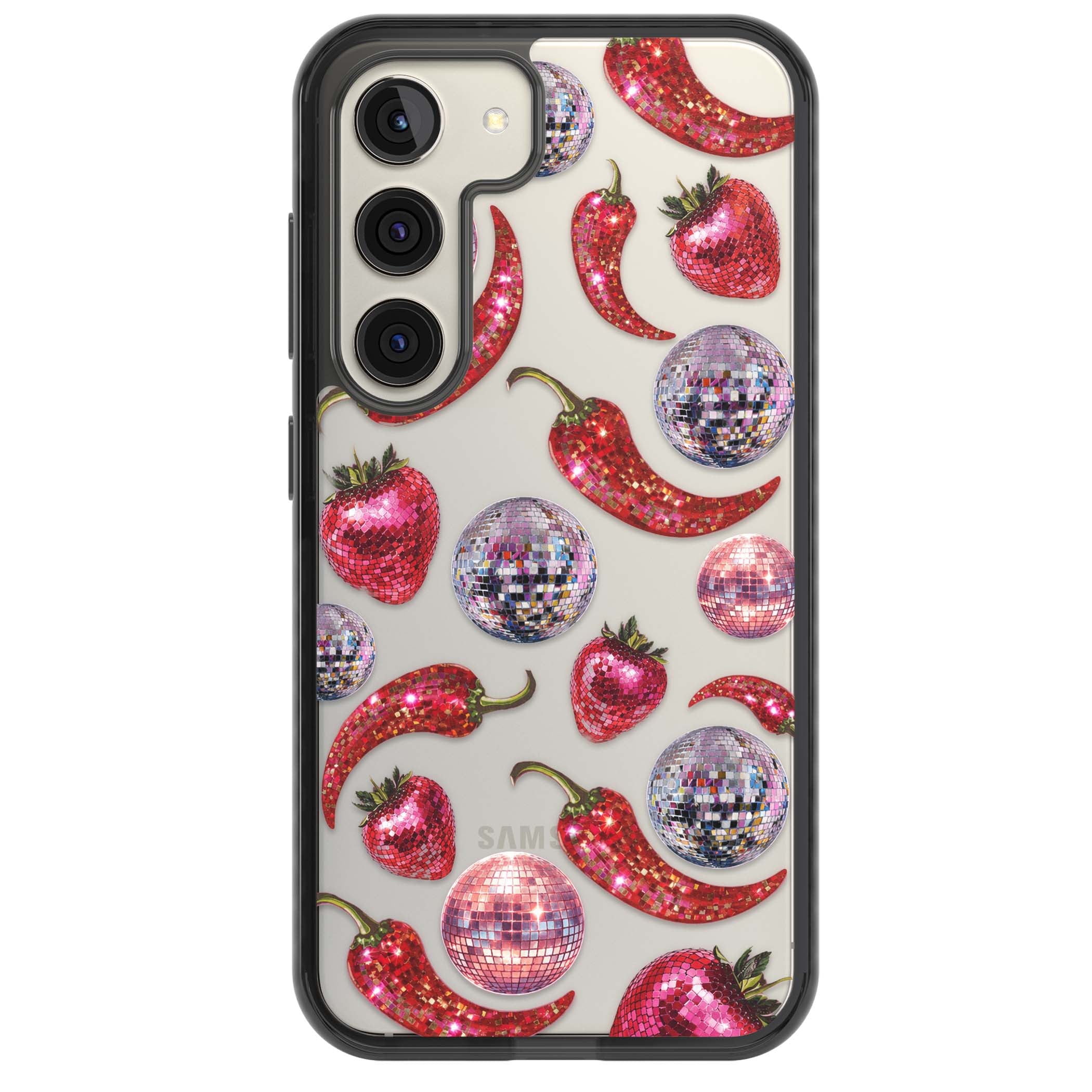Spicy Disco Y2K iPhone case featuring glitter disco balls, sparkly strawberries and red chilli peppers | Black Impact case for Samsung Galaxy S24, Samsung Galaxy S23, Samsung Galaxy S22