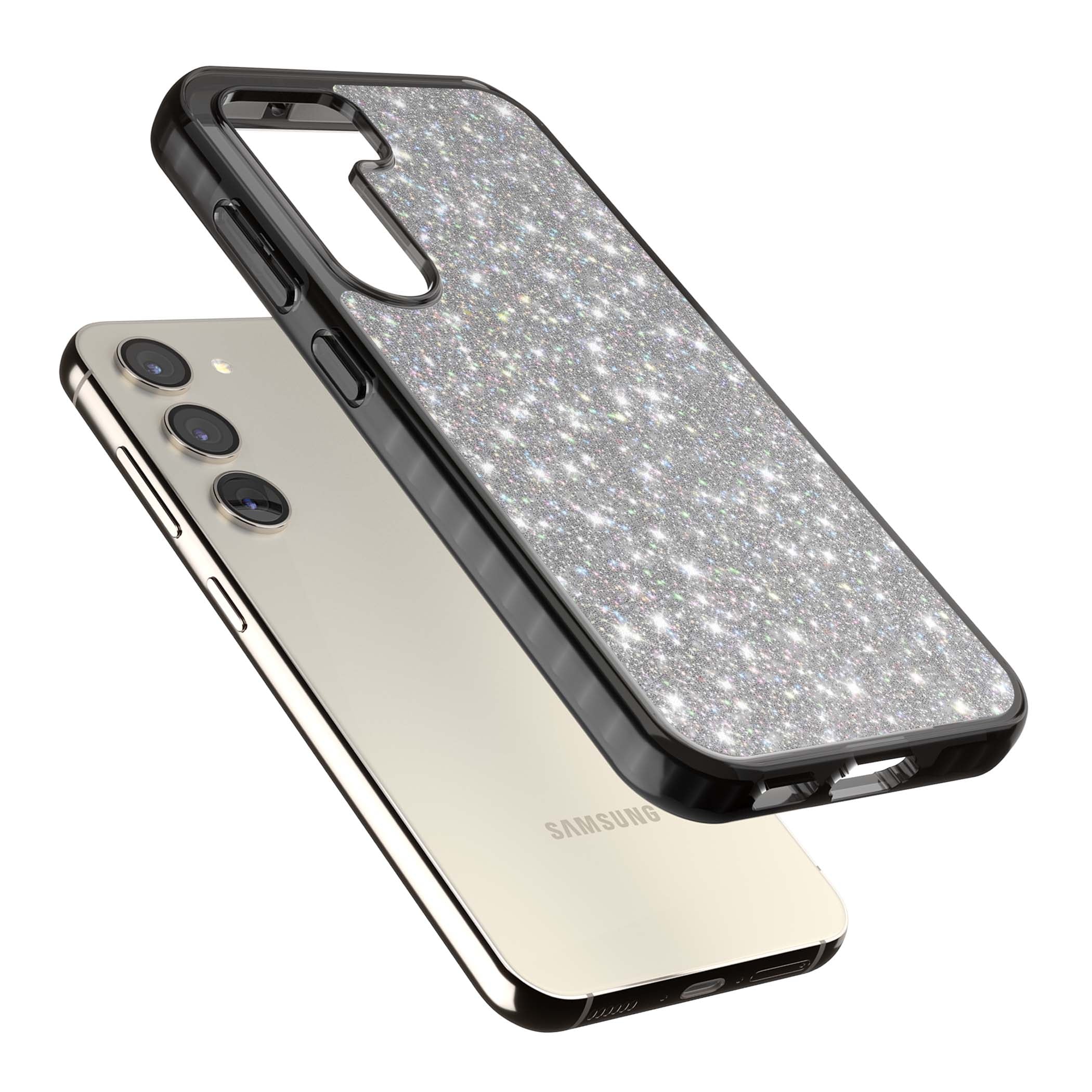 Diamond glam iPhone case featuring silver glitter sparkle and shimmering diamond dust effect | Black Impact case for Samsung Galaxy S24, Samsung Galaxy S23, Samsung Galaxy S22