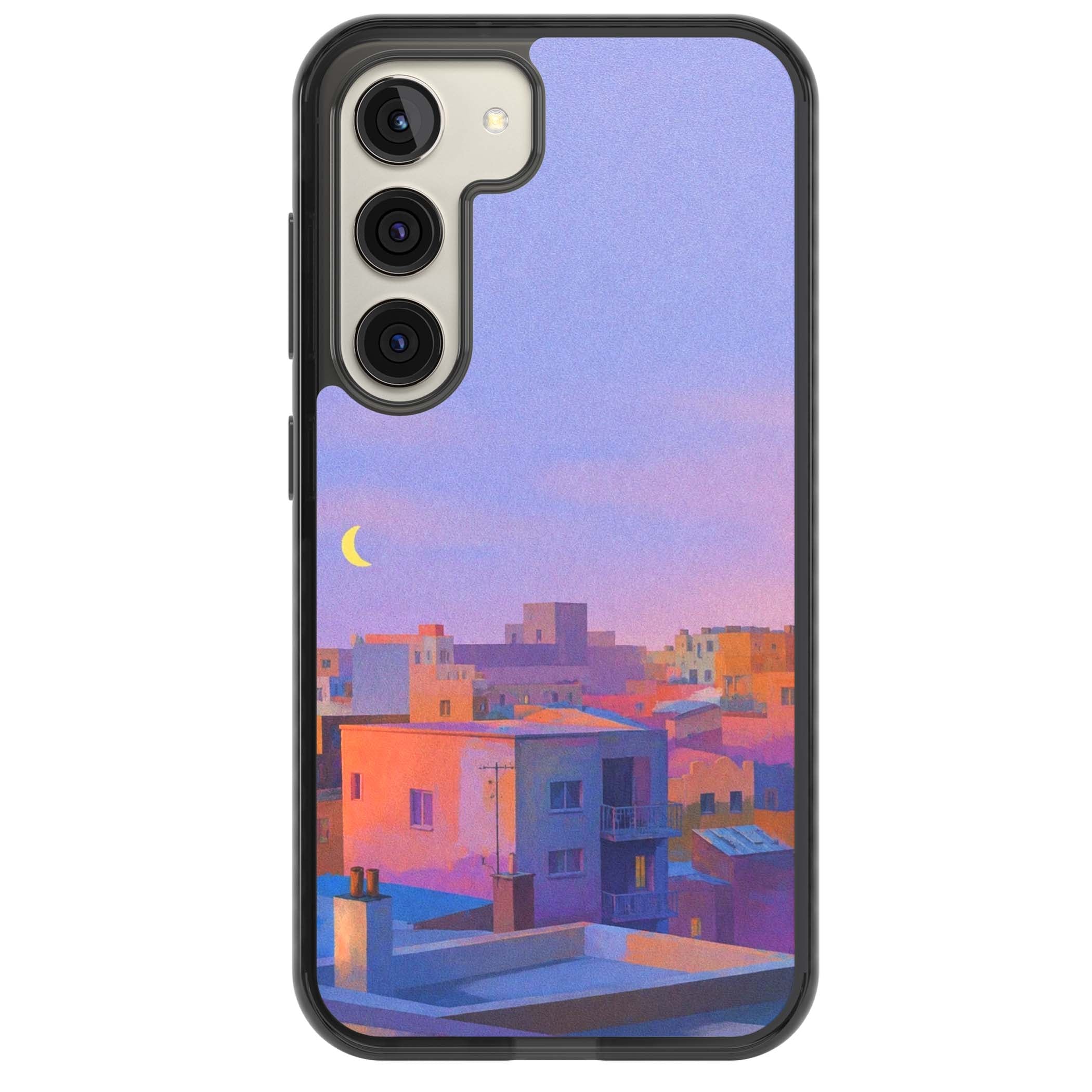 Twilight Rooftops vaporwave iPhone case featuring a pastel sunset cityscape, painted rooftops and a crescent moon. | Black Impact case for Samsung Galaxy S24, Samsung Galaxy S23, Samsung Galaxy S22
