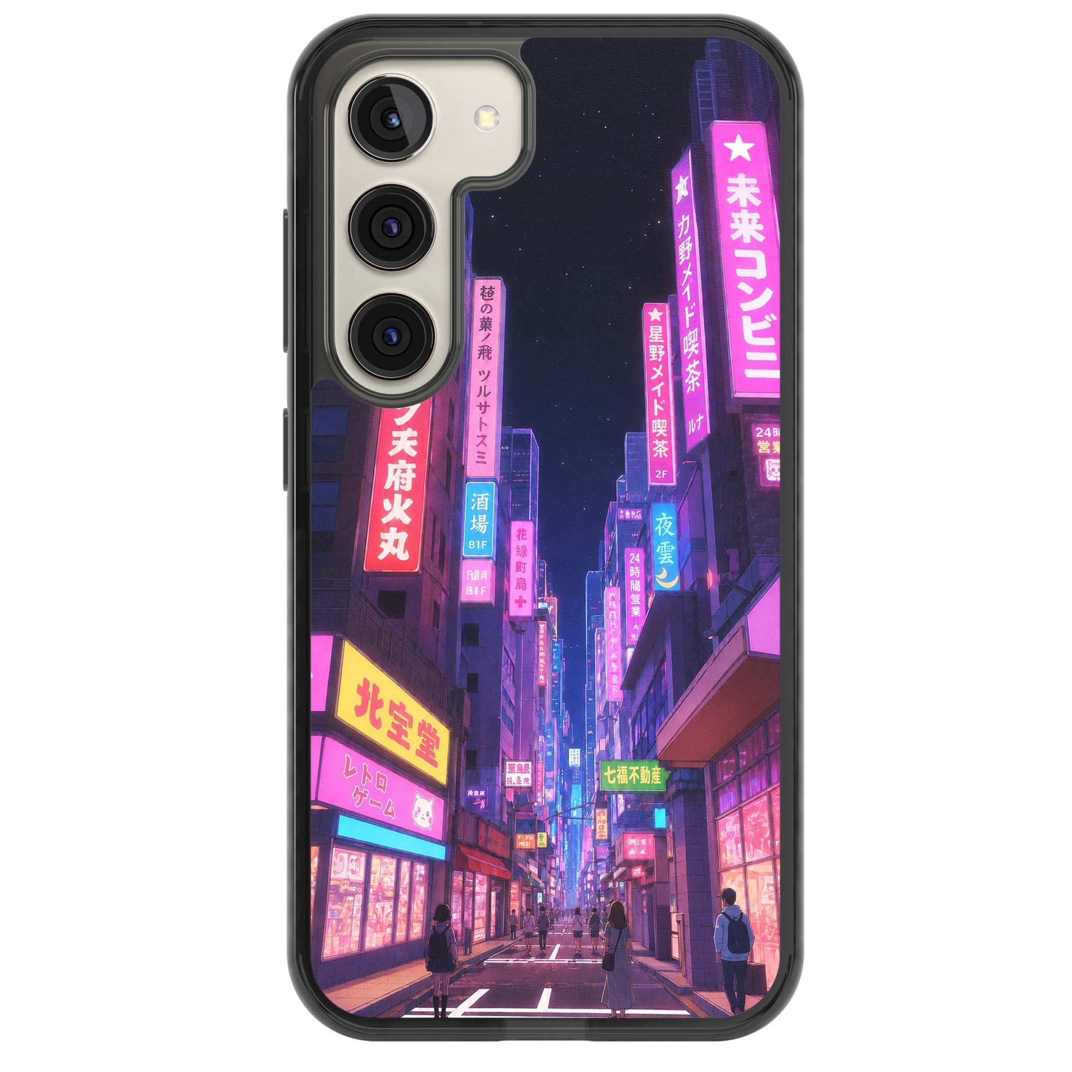 Shibuya At Night Japanese neon city iPhone case featuring glowing kanji signs, pink storefronts and a Tokyo street at n | Black Impact case for Samsung Galaxy S24, Samsung Galaxy S23, Samsung Galaxy S22