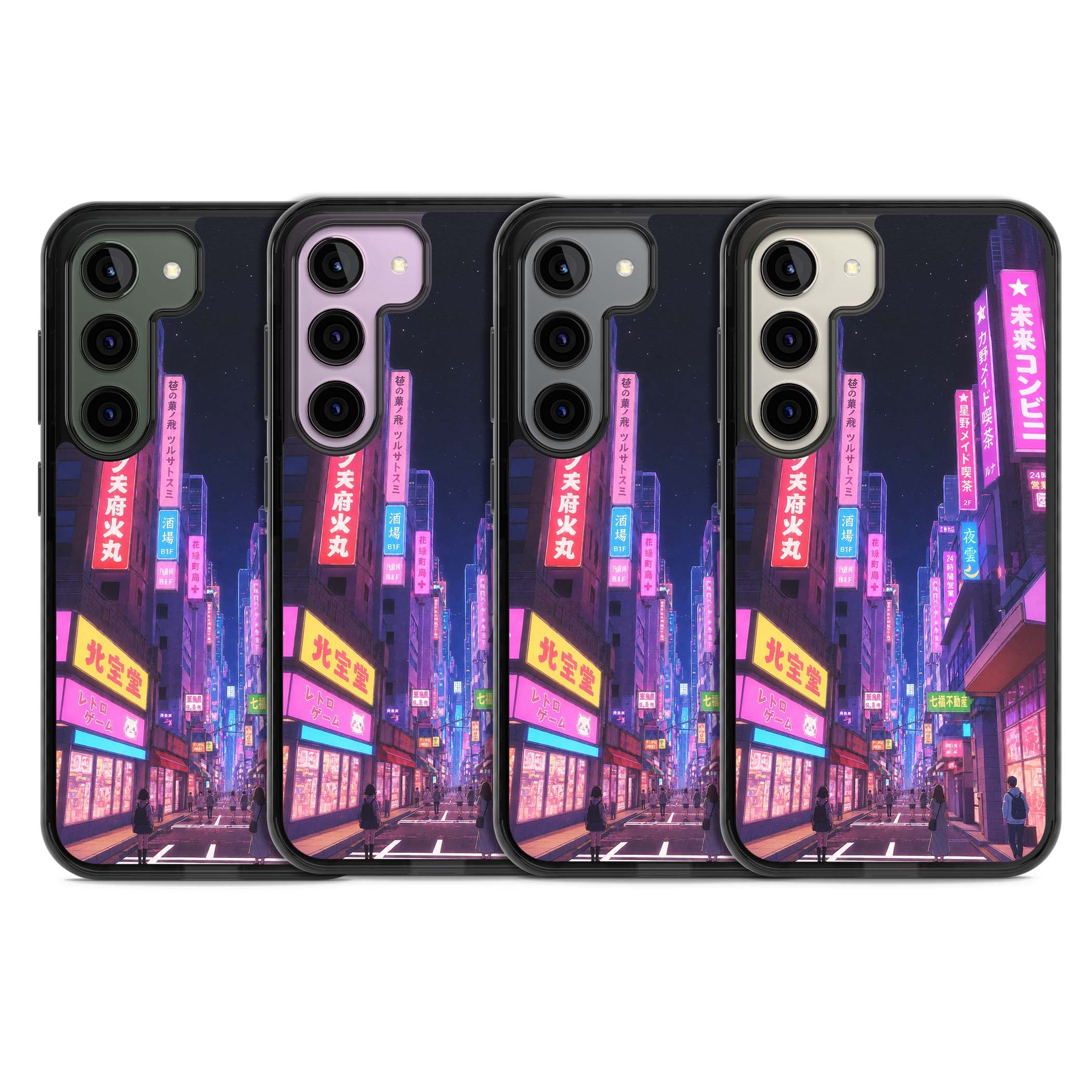 Shibuya At Night Japanese neon city iPhone case featuring glowing kanji signs, pink storefronts and a Tokyo street at n | Black Impact case for Samsung Galaxy S24, Samsung Galaxy S23, Samsung Galaxy S22