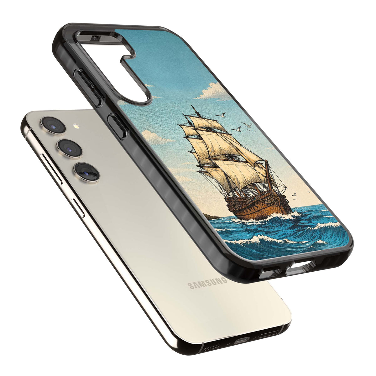 Ship at Sea nautical iPhone case featuring a vintage tall ship, ocean waves and seagulls | Black Impact case for Samsung Galaxy S24, Samsung Galaxy S23, Samsung Galaxy S22