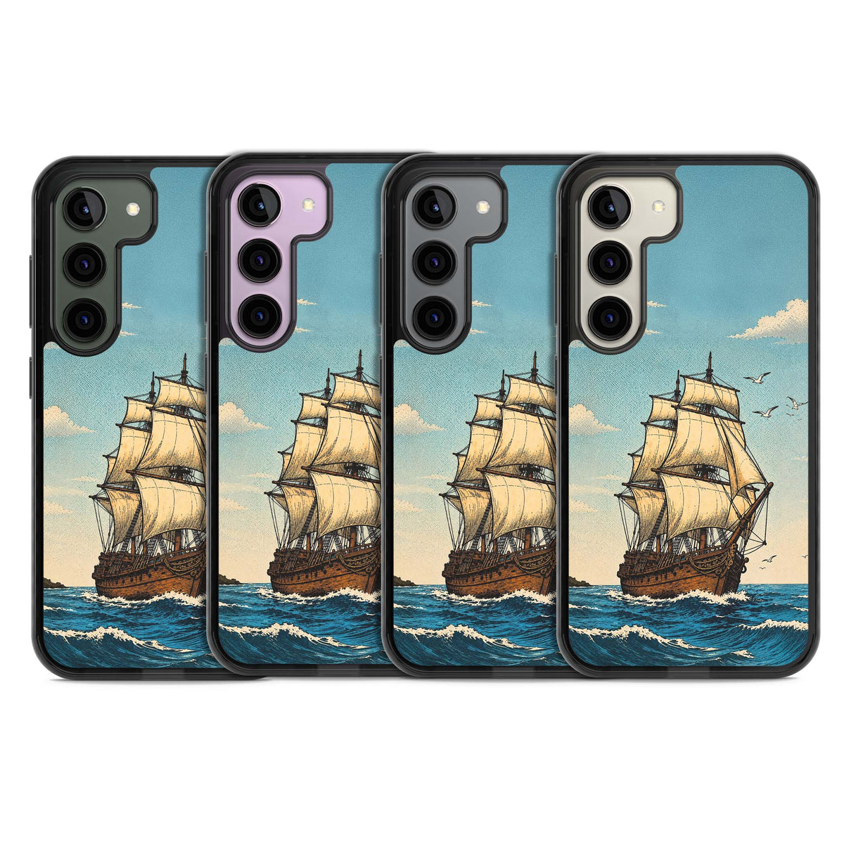 Ship at Sea nautical iPhone case featuring a vintage tall ship, ocean waves and seagulls | Black Impact case for Samsung Galaxy S24, Samsung Galaxy S23, Samsung Galaxy S22