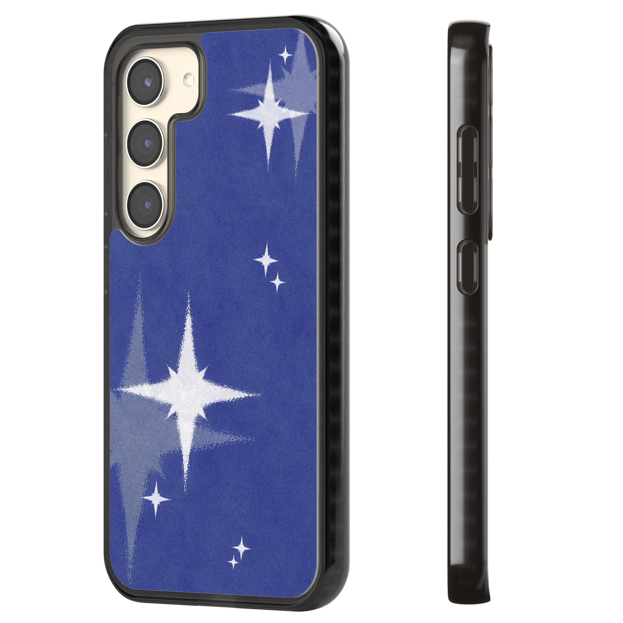 Blue Sparkle celestial iPhone case featuring sparkling silver stars on a deep blue painterly night sky | Black Impact case for Samsung Galaxy S24, Samsung Galaxy S23, Samsung Galaxy S22