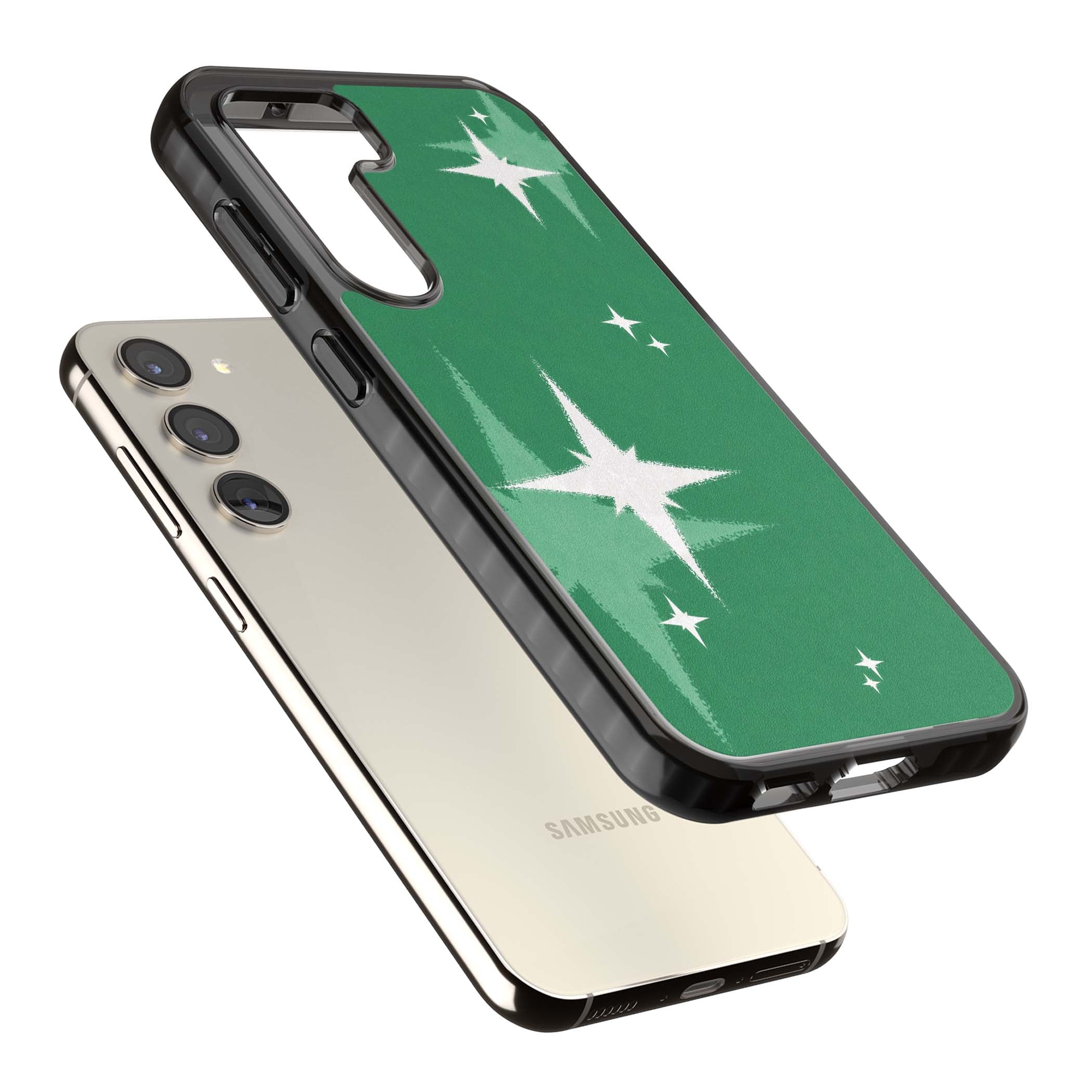 Green Sparkle celestial iPhone case featuring sparkling white four-point stars on a deep green background | Black Impact case for Samsung Galaxy S24, Samsung Galaxy S23, Samsung Galaxy S22