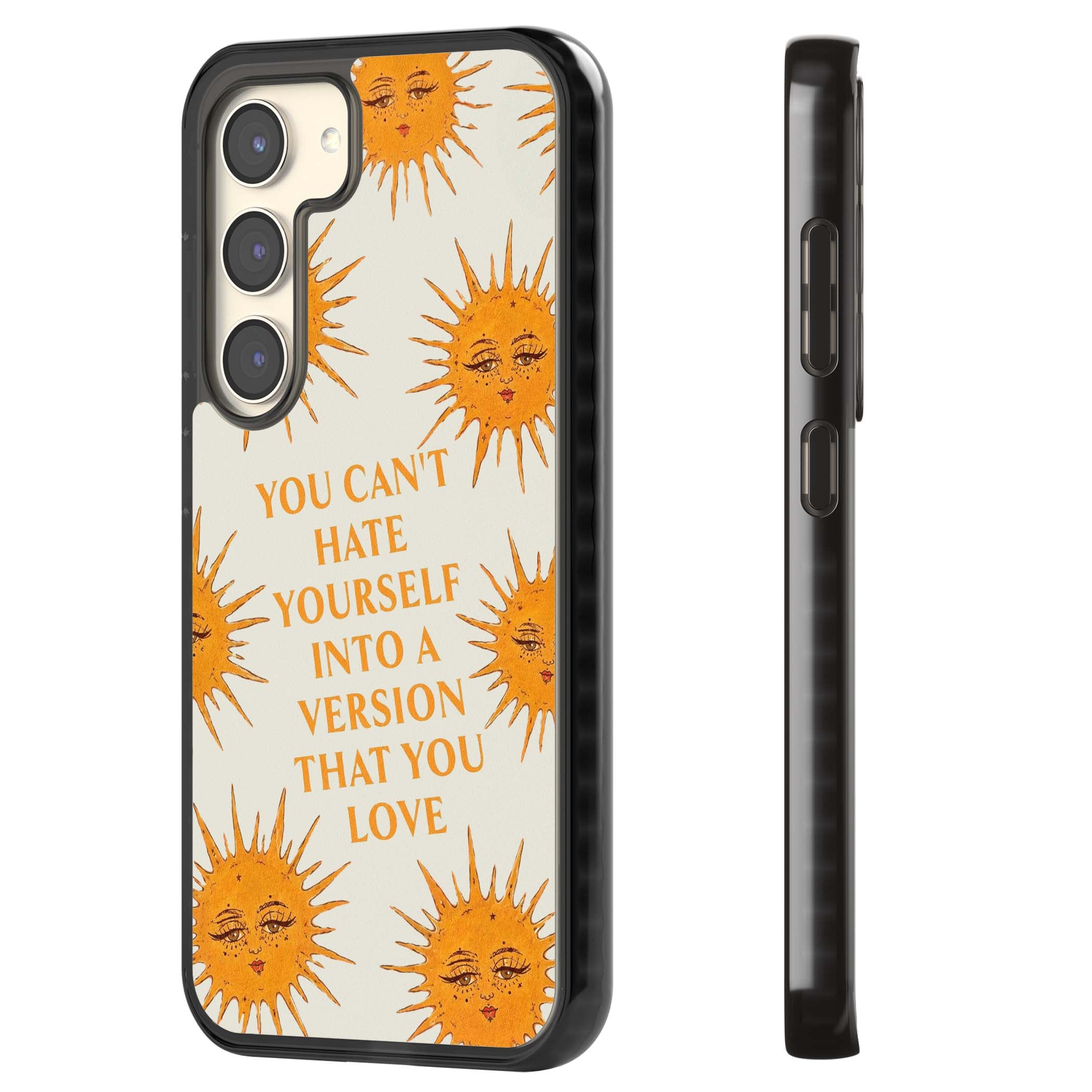 Don't Hate Yourself celestial iPhone case featuring vintage sun faces, ochre rays and a self-love quote | Black Impact case for Samsung Galaxy S24, Samsung Galaxy S23, Samsung Galaxy S22