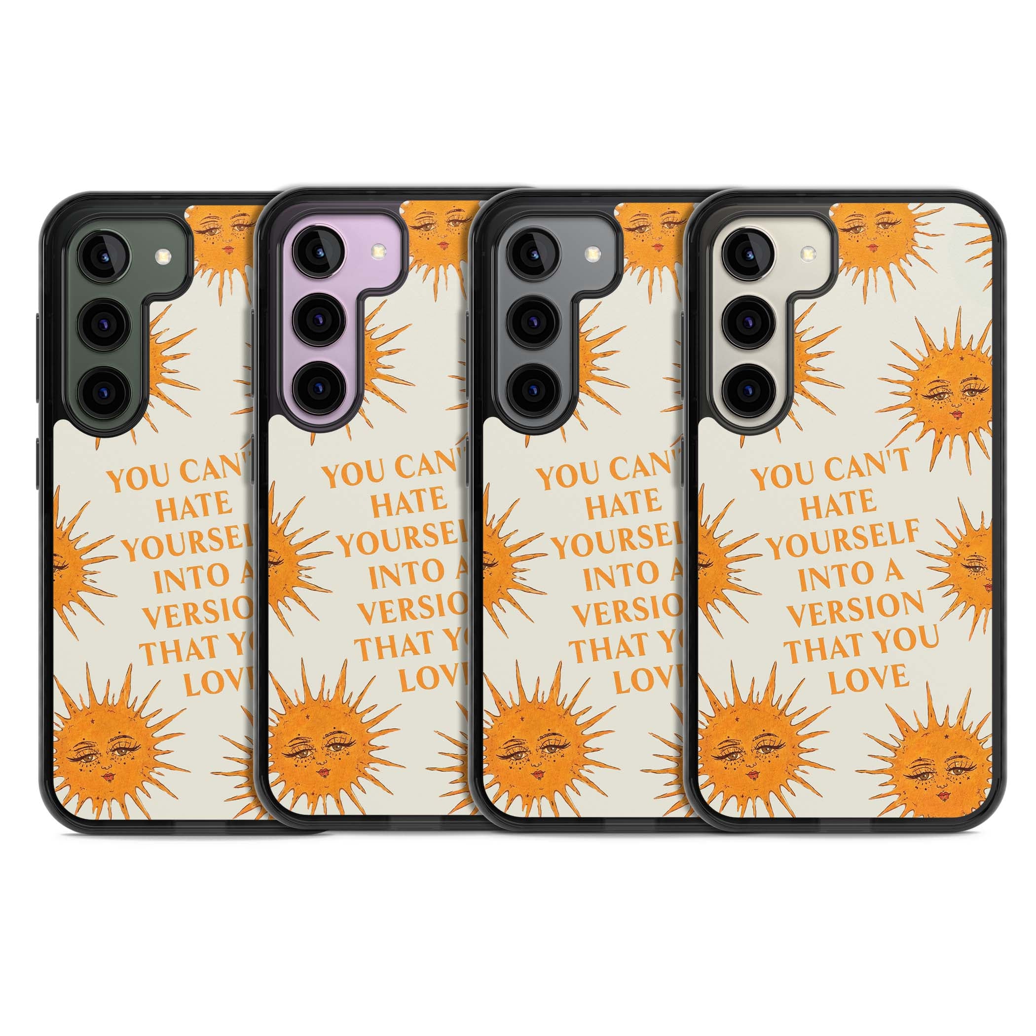 Don't Hate Yourself celestial iPhone case featuring vintage sun faces, ochre rays and a self-love quote | Black Impact case for Samsung Galaxy S24, Samsung Galaxy S23, Samsung Galaxy S22