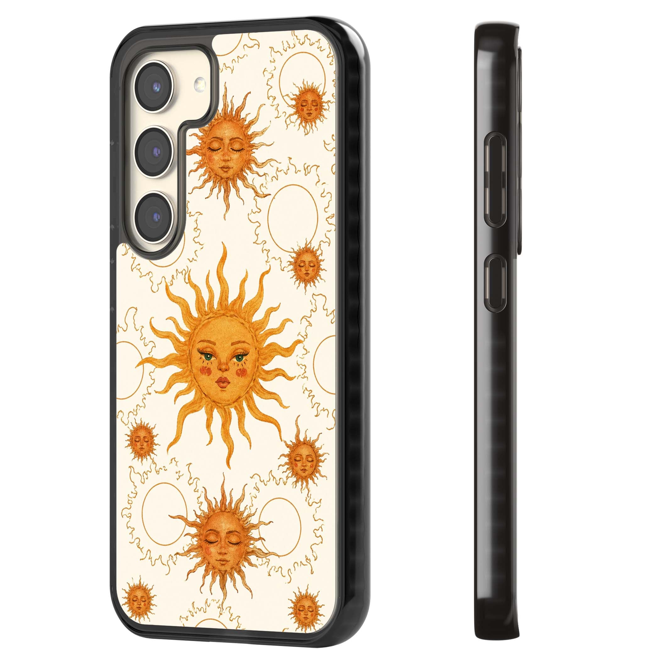 Solstice Muse celestial iPhone case featuring hand-painted golden sun faces, closed-eye sun goddesses and outlined moons... | Black Impact case for Samsung Galaxy S24, Samsung Galaxy S23, Samsung Galaxy S22