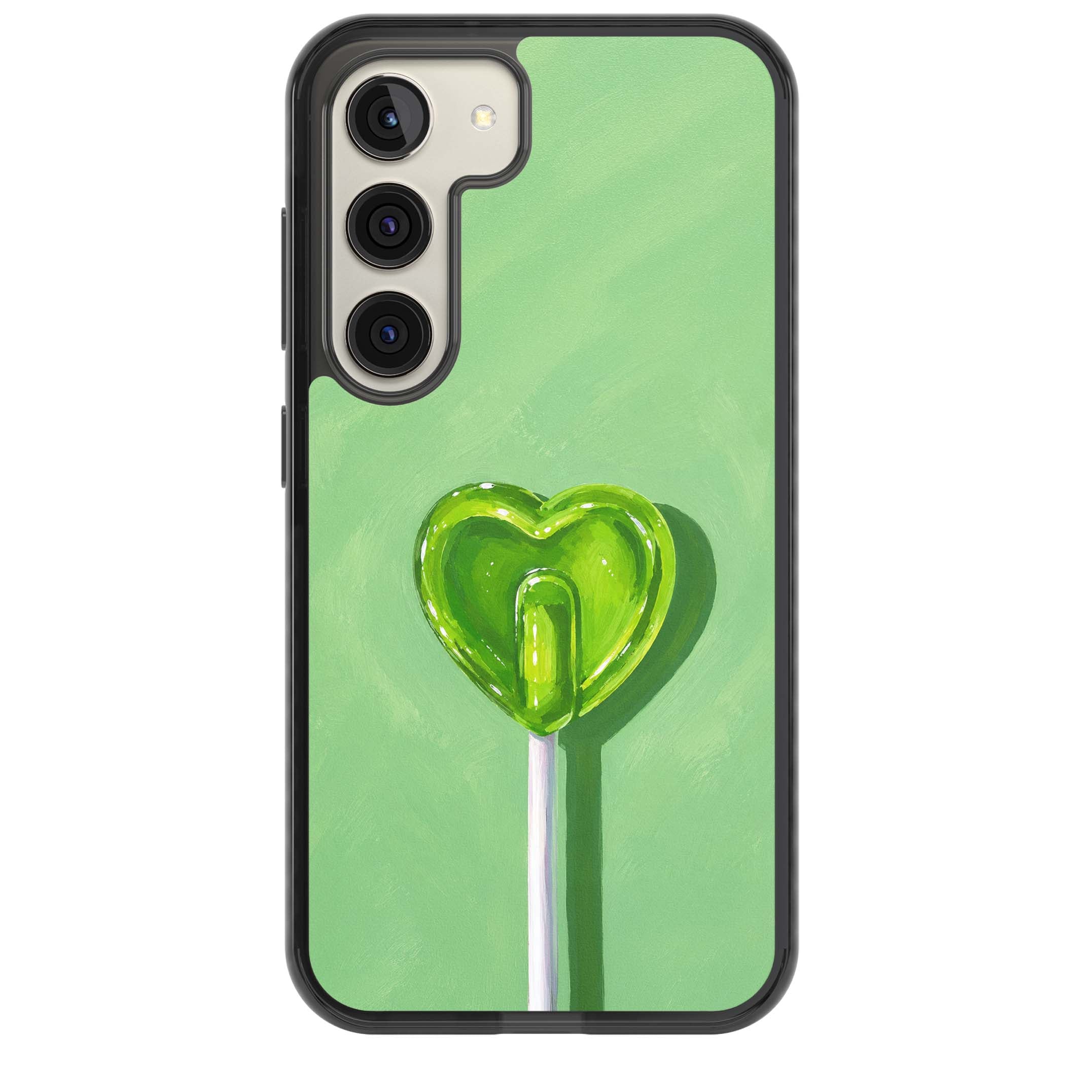 Green Lollipop candy art iPhone case featuring a glossy green heart-shaped lollipop on a painted pastel green background | Black Impact case for Samsung Galaxy S24, Samsung Galaxy S23, Samsung Galaxy S22
