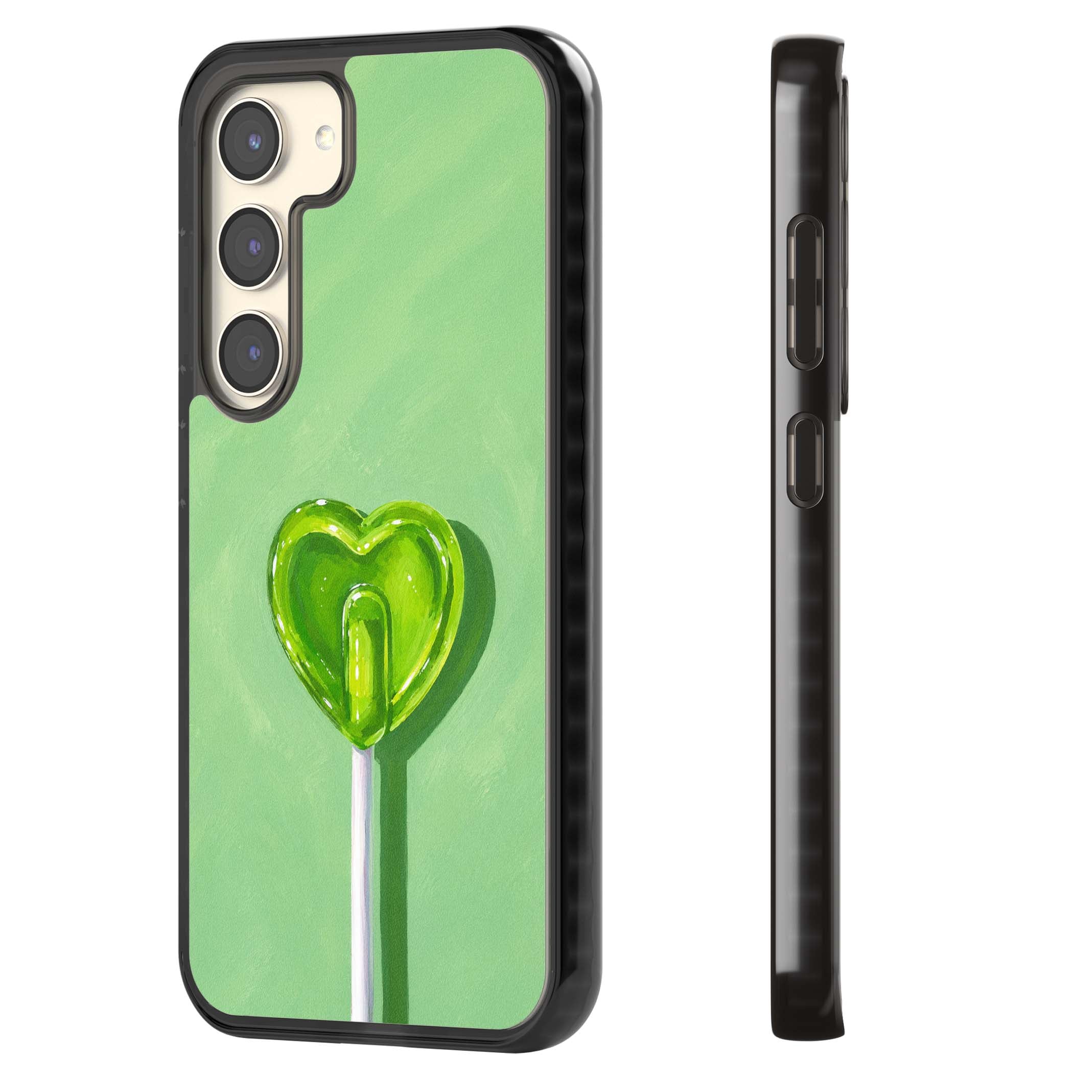 Green Lollipop candy art iPhone case featuring a glossy green heart-shaped lollipop on a painted pastel green background | Black Impact case for Samsung Galaxy S24, Samsung Galaxy S23, Samsung Galaxy S22