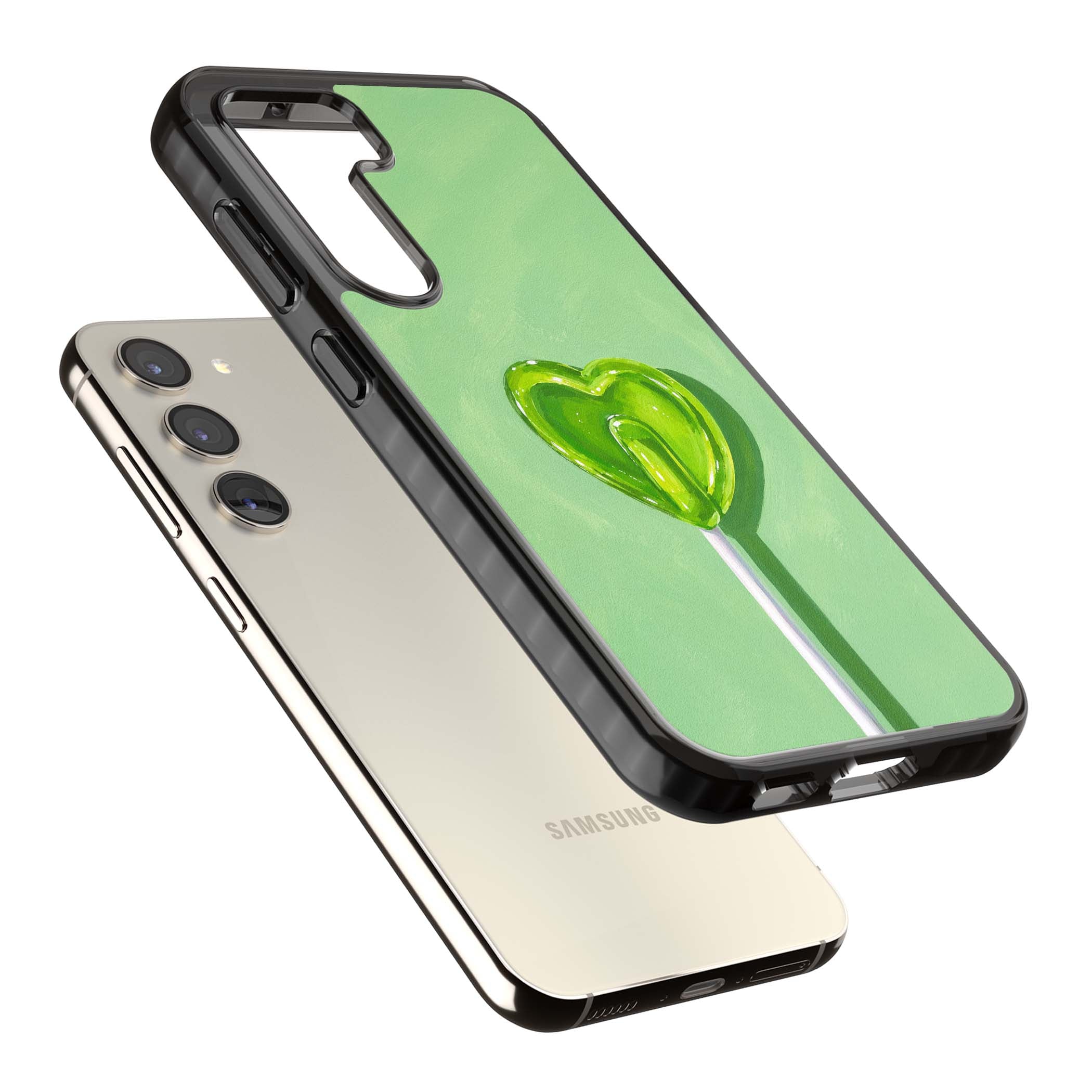 Green Lollipop candy art iPhone case featuring a glossy green heart-shaped lollipop on a painted pastel green background | Black Impact case for Samsung Galaxy S24, Samsung Galaxy S23, Samsung Galaxy S22