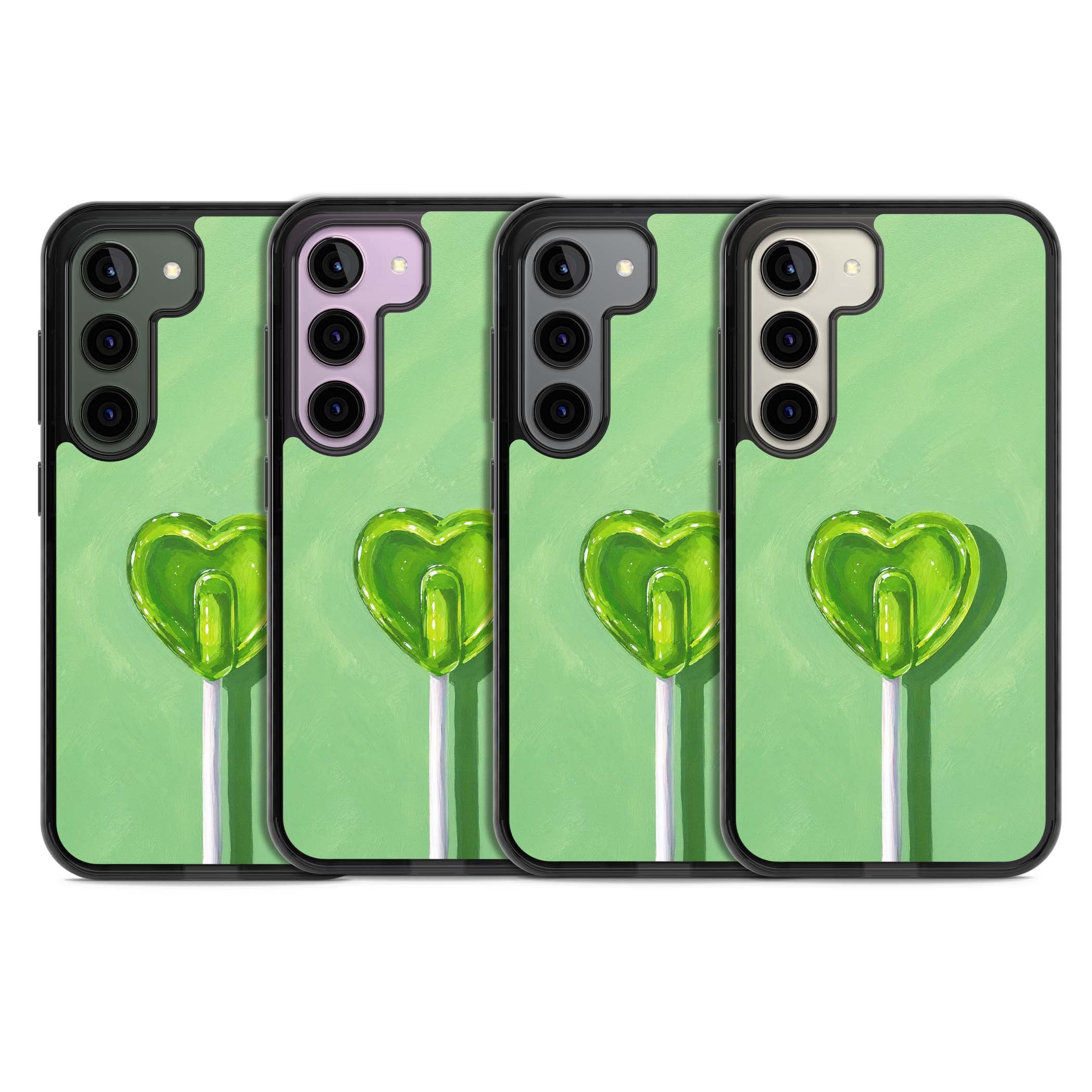 Green Lollipop candy art iPhone case featuring a glossy green heart-shaped lollipop on a painted pastel green background | Black Impact case for Samsung Galaxy S24, Samsung Galaxy S23, Samsung Galaxy S22