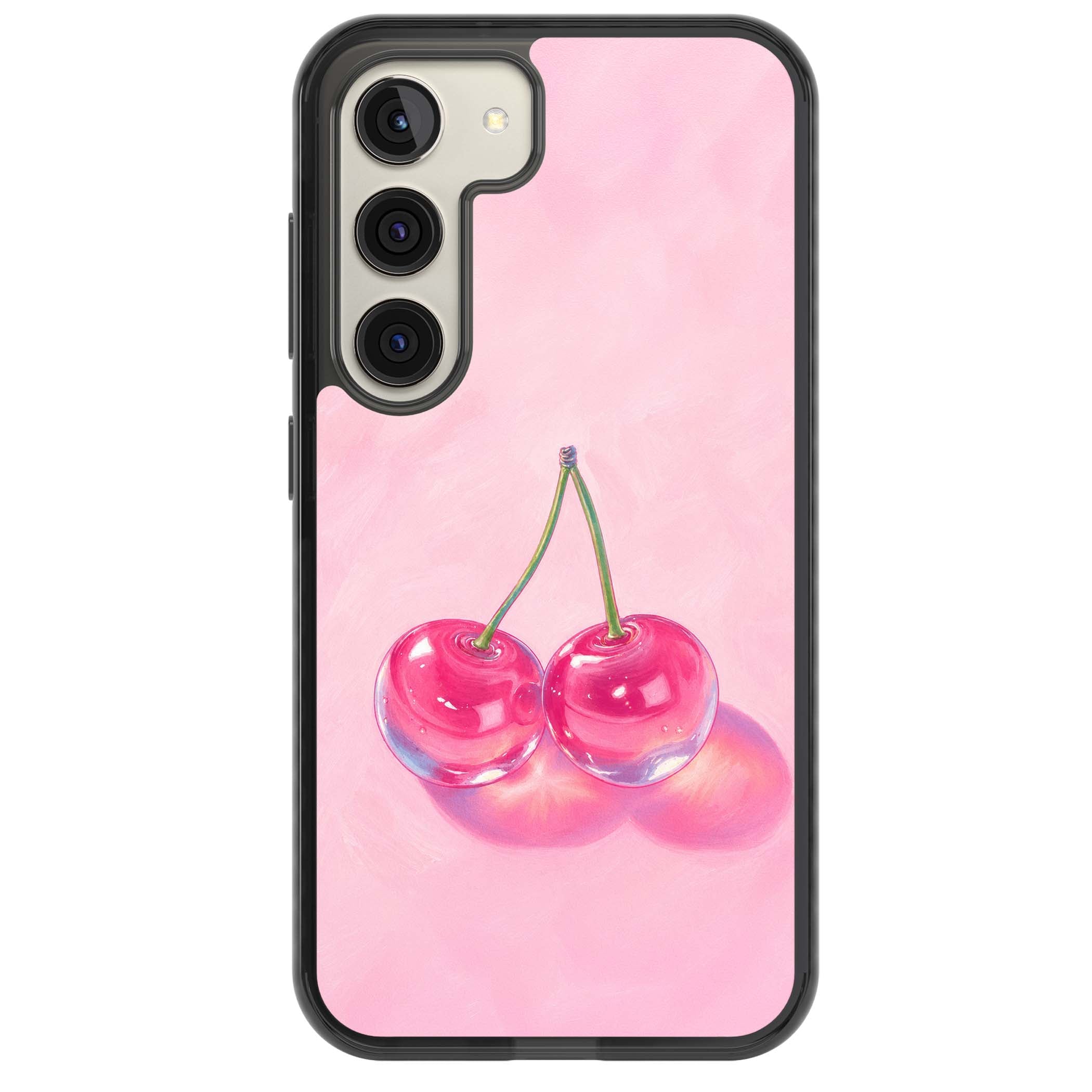 Pink Glass Cherry coquette iPhone case featuring two glossy painted cherries on a soft pink background | Black Impact case for Samsung Galaxy S24, Samsung Galaxy S23, Samsung Galaxy S22