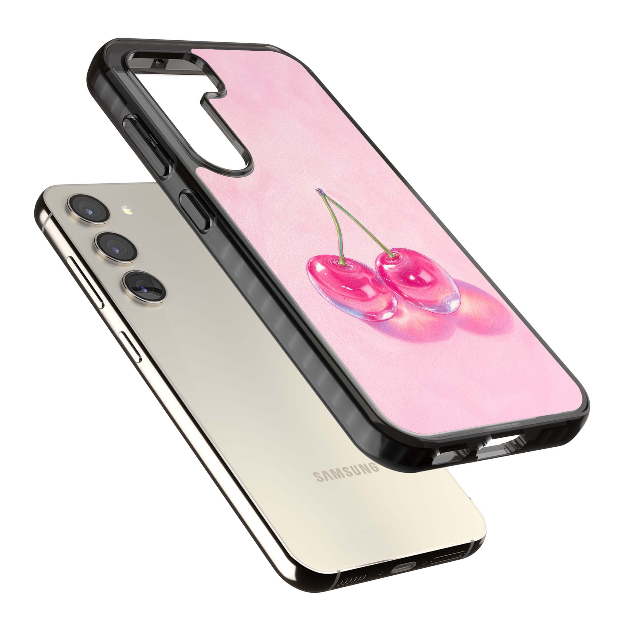 Pink Glass Cherry coquette iPhone case featuring two glossy painted cherries on a soft pink background | Black Impact case for Samsung Galaxy S24, Samsung Galaxy S23, Samsung Galaxy S22