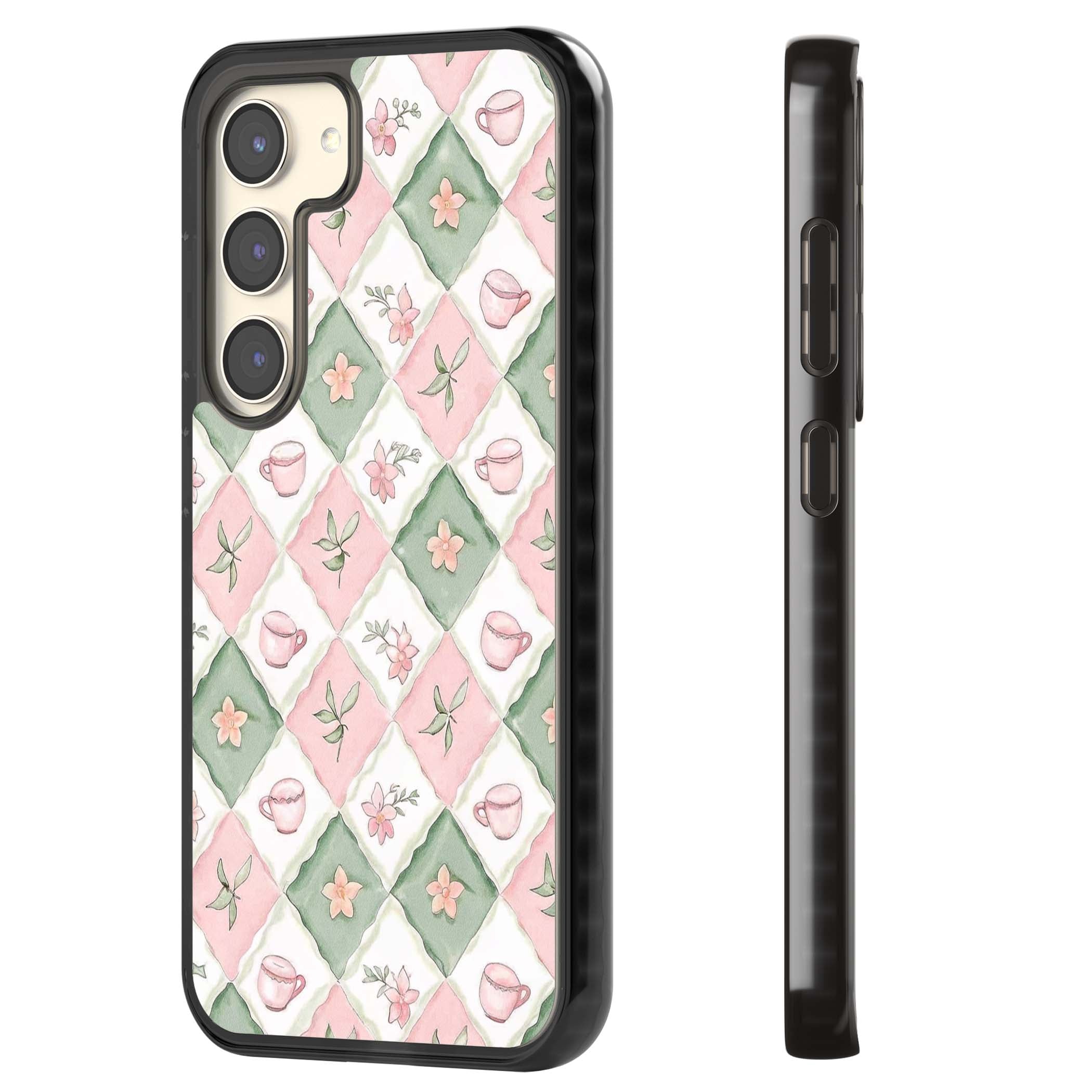 Garden Tea Party coquette iPhone case with pink and green checkered pattern, watercolour teacups and wildflowers | Black Impact case for Samsung Galaxy S24, Samsung Galaxy S23, Samsung Galaxy S22