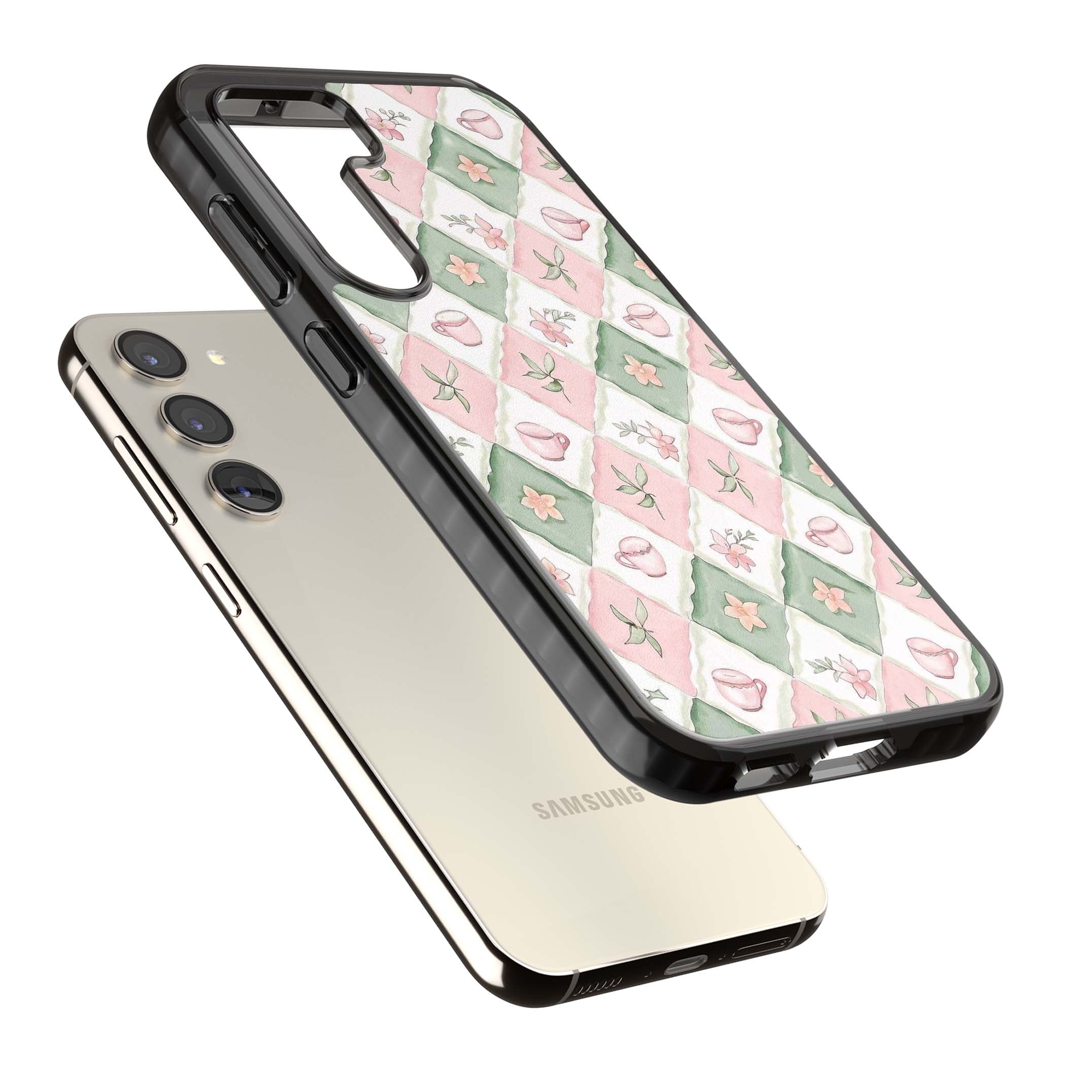 Garden Tea Party coquette iPhone case with pink and green checkered pattern, watercolour teacups and wildflowers | Black Impact case for Samsung Galaxy S24, Samsung Galaxy S23, Samsung Galaxy S22