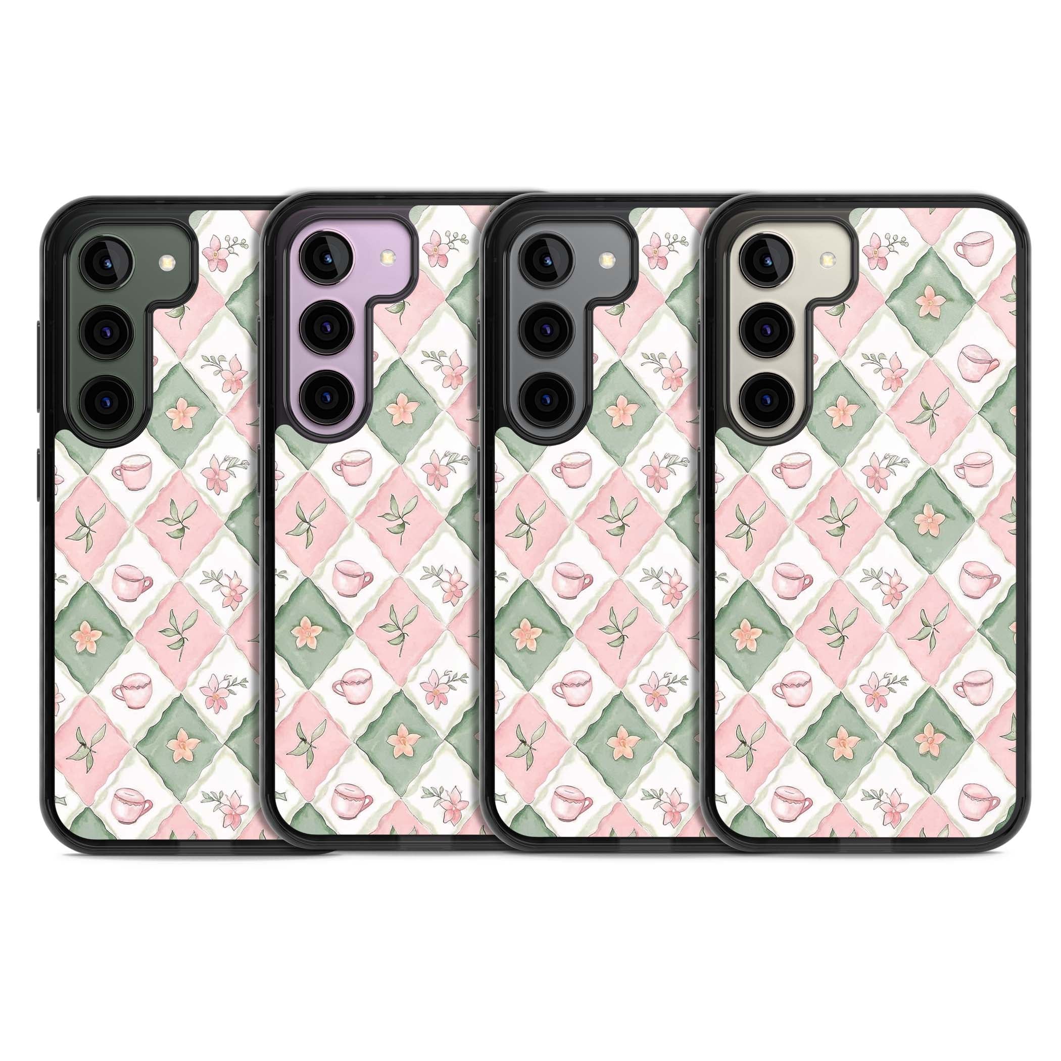 Garden Tea Party coquette iPhone case with pink and green checkered pattern, watercolour teacups and wildflowers | Black Impact case for Samsung Galaxy S24, Samsung Galaxy S23, Samsung Galaxy S22