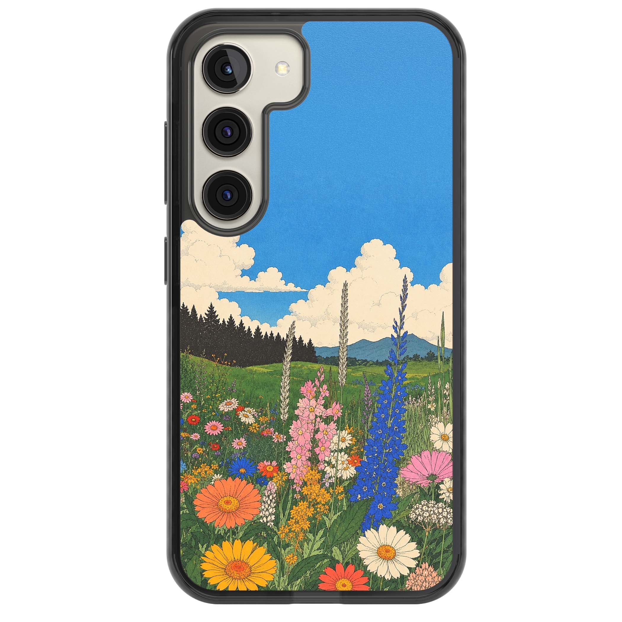 Wildbloom wildflower iPhone case featuring a vintage Japanese-style meadow landscape with daisies, delphiniums and moun | Black Impact case for Samsung Galaxy S24, Samsung Galaxy S23, Samsung Galaxy S22