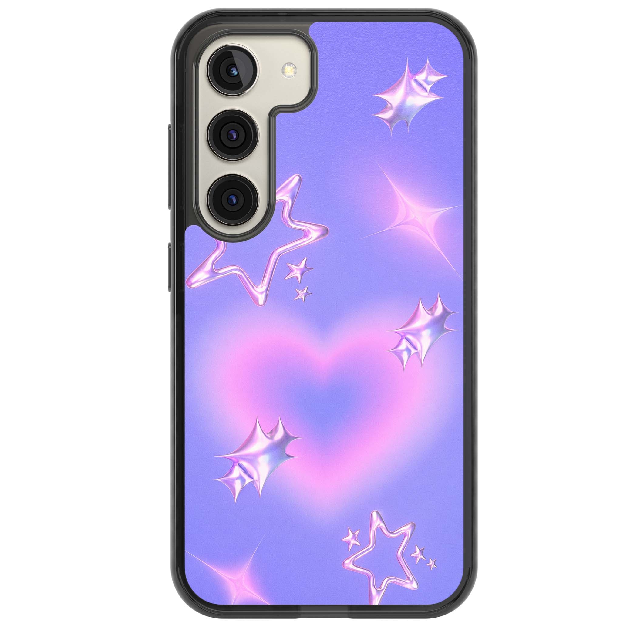 Soft Sugar Y2K iPhone case featuring iridescent chrome hearts, metallic pink stars and a lavender gradient sky | Black Impact case for Samsung Galaxy S24, Samsung Galaxy S23, Samsung Galaxy S22