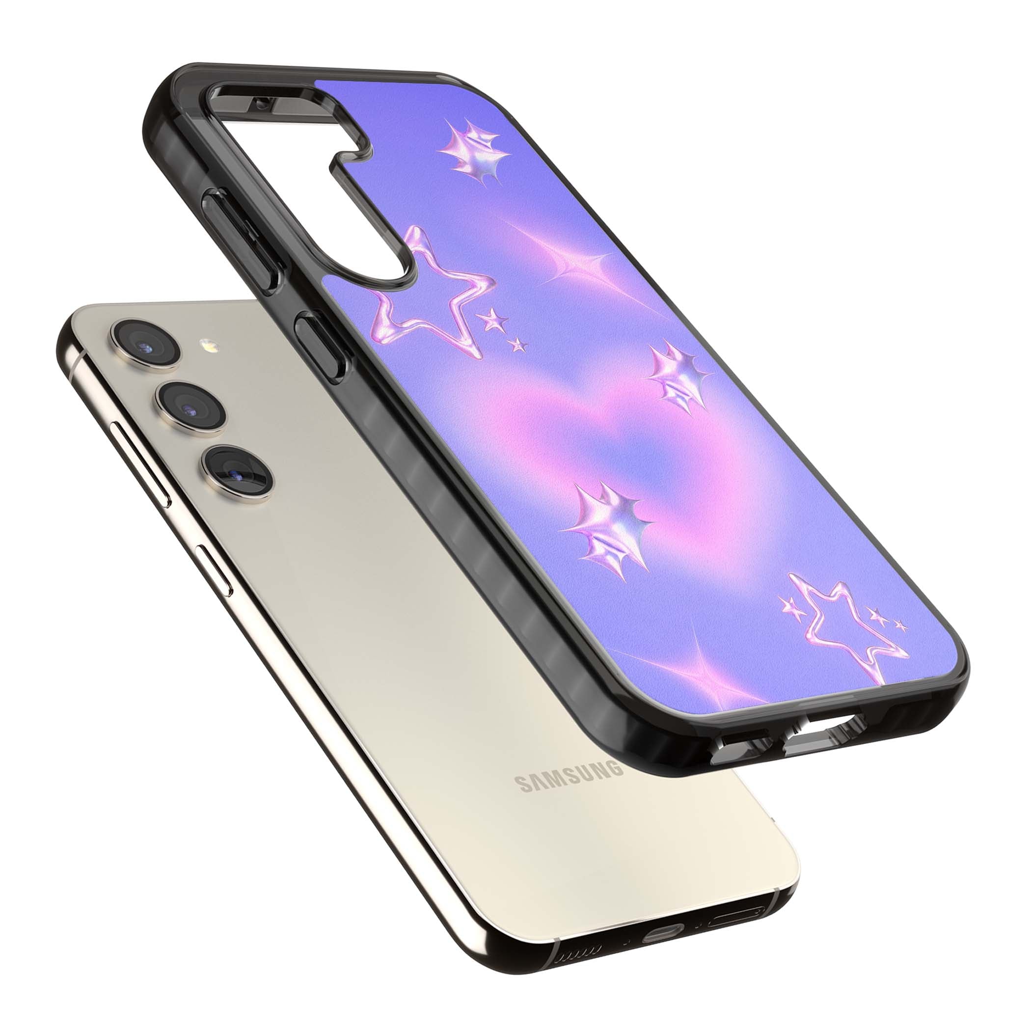 Soft Sugar Y2K iPhone case featuring iridescent chrome hearts, metallic pink stars and a lavender gradient sky | Black Impact case for Samsung Galaxy S24, Samsung Galaxy S23, Samsung Galaxy S22