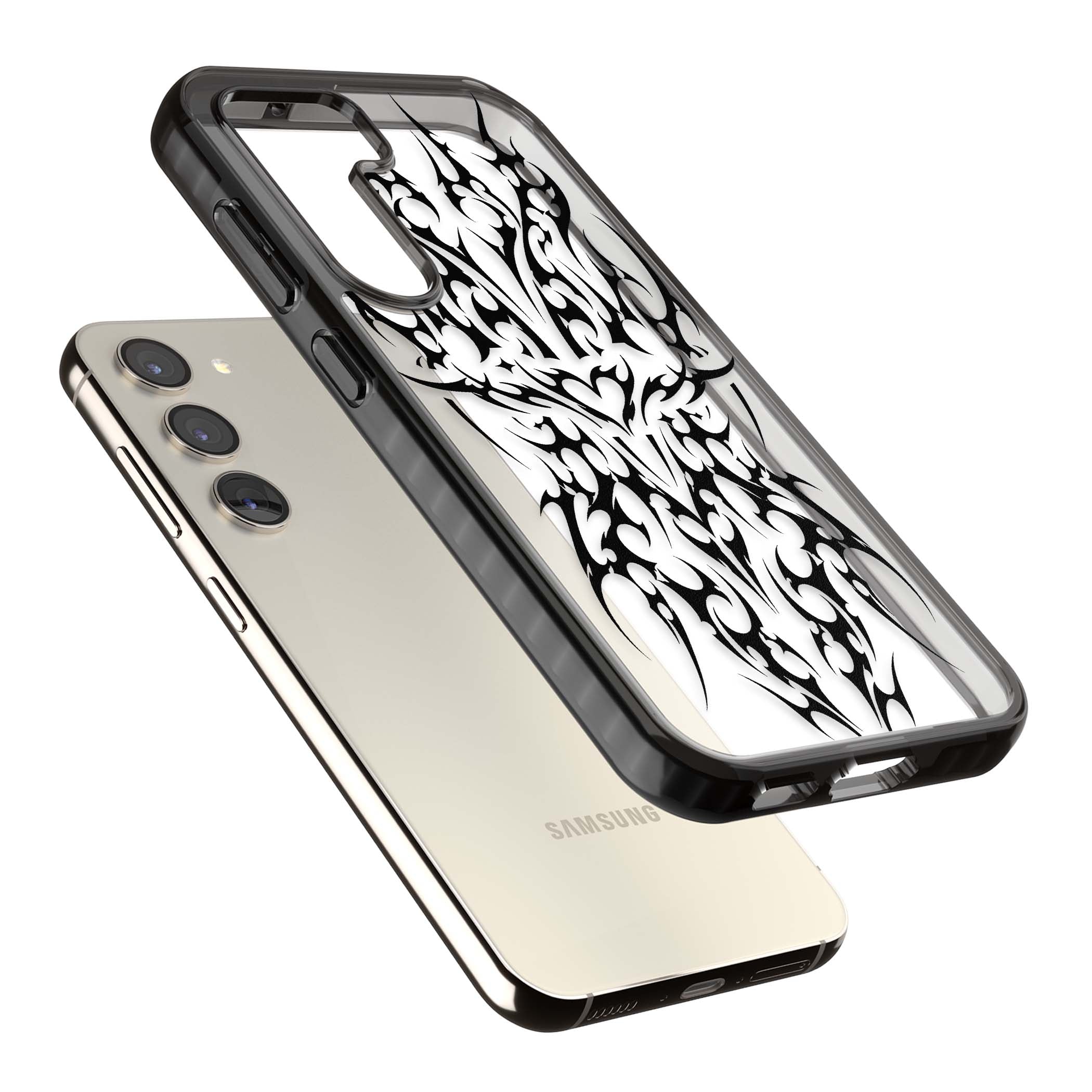 Neo Tribal Heart gothic iPhone case featuring symmetrical black tribal tattoo art with sharp thorn-like linework | Black Impact case for Samsung Galaxy S24, Samsung Galaxy S23, Samsung Galaxy S22